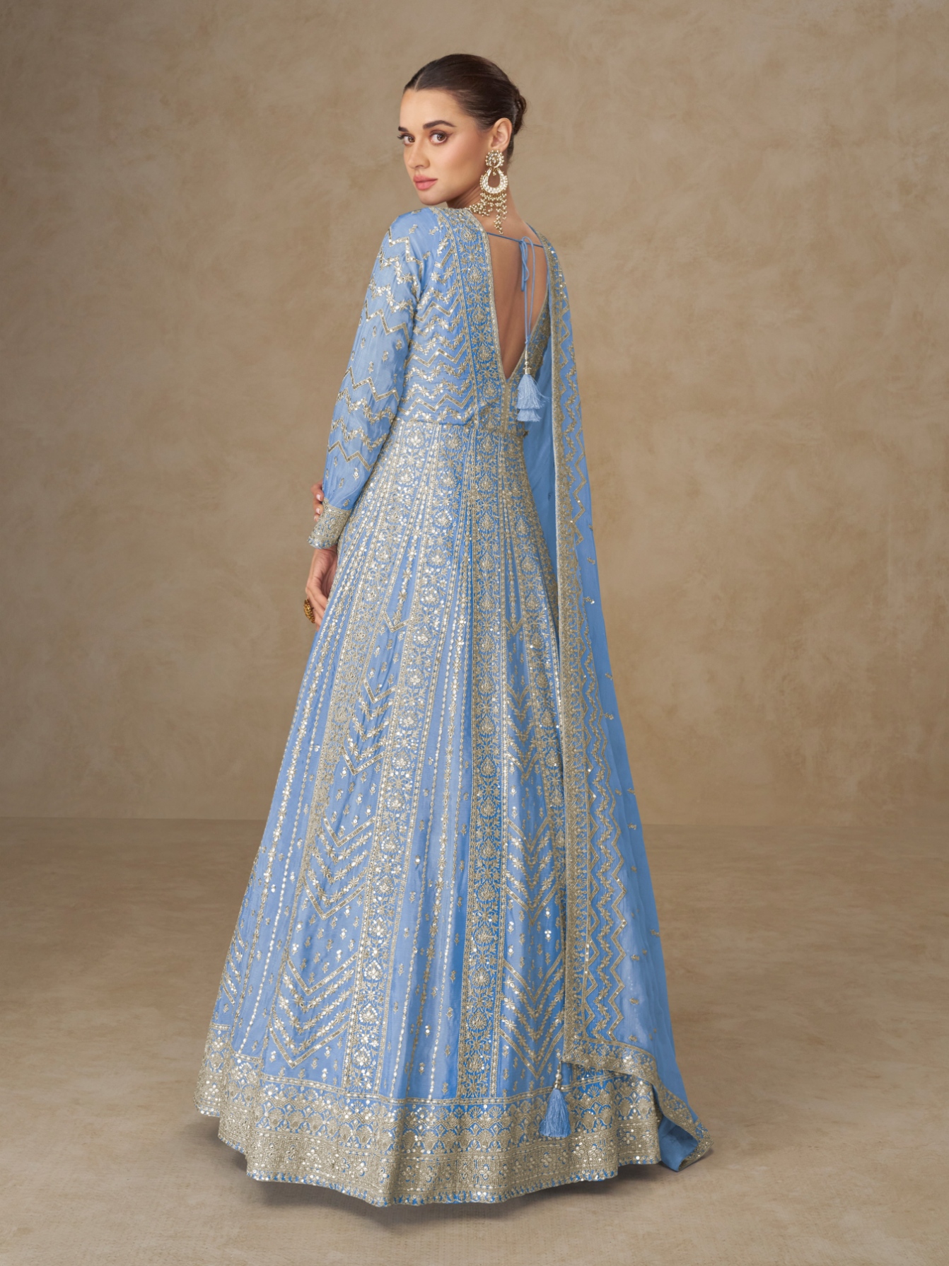 Sky Blue Geometric Embroidery Chinon Gown — alternate view