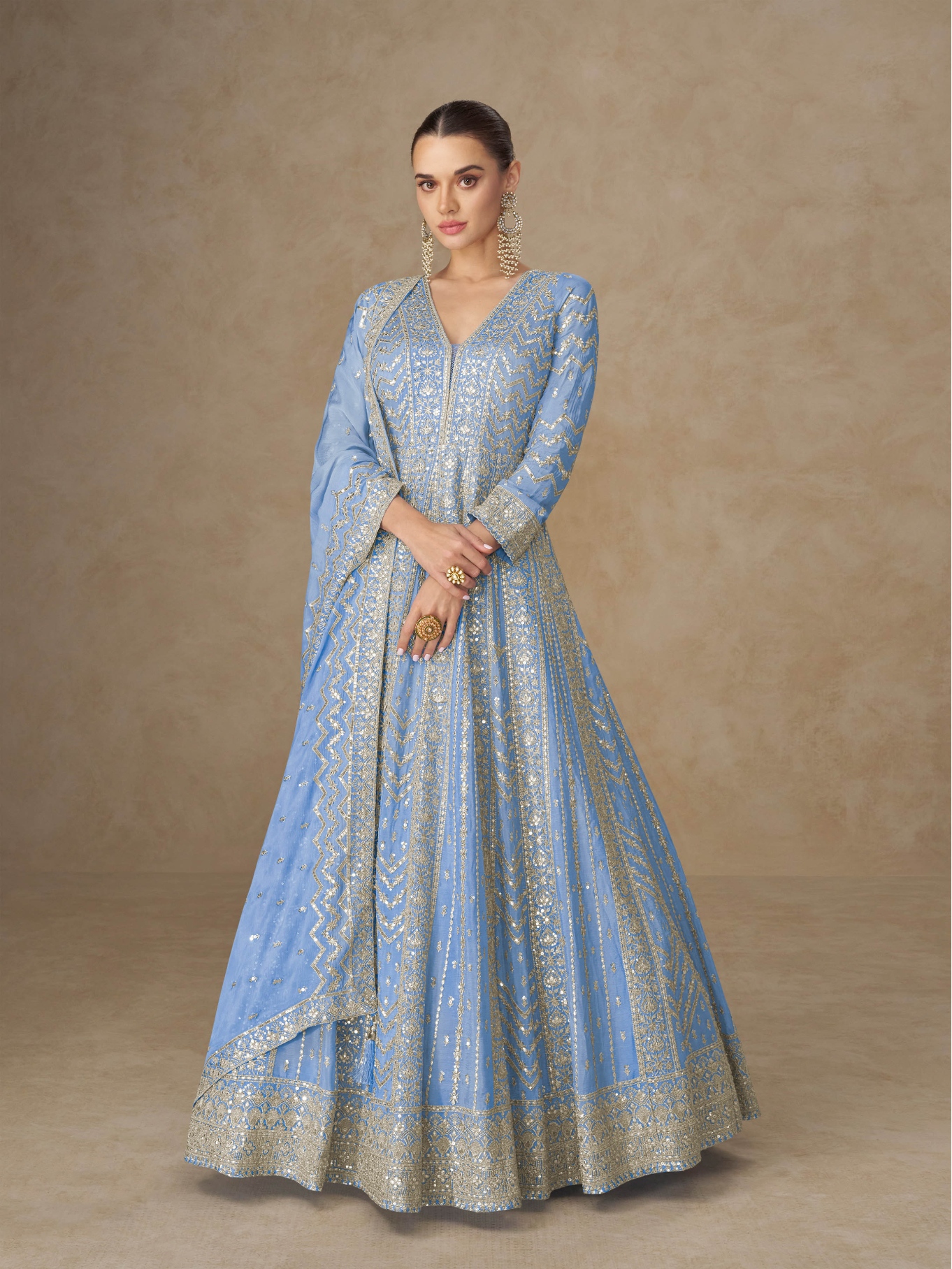 Sky Blue Geometric Embroidery Chinon Gown