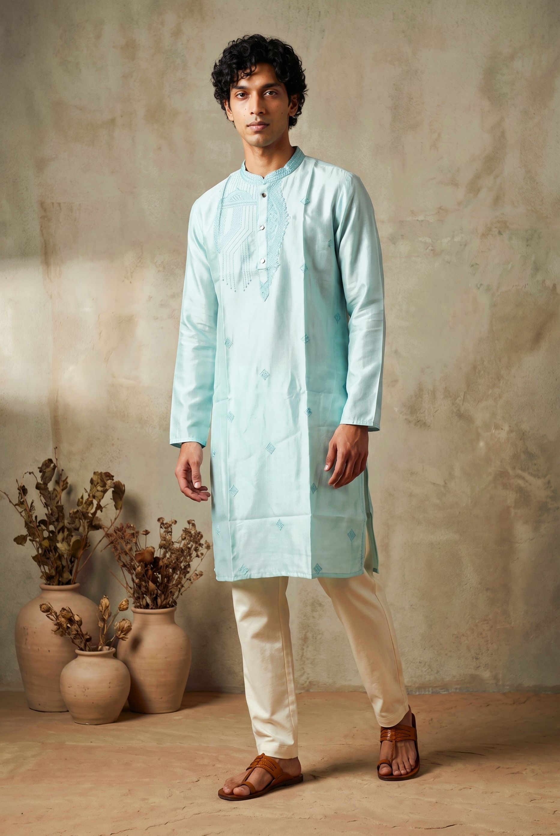 Sky Blue Geometric Embroidery Silk Kurta Pyjama