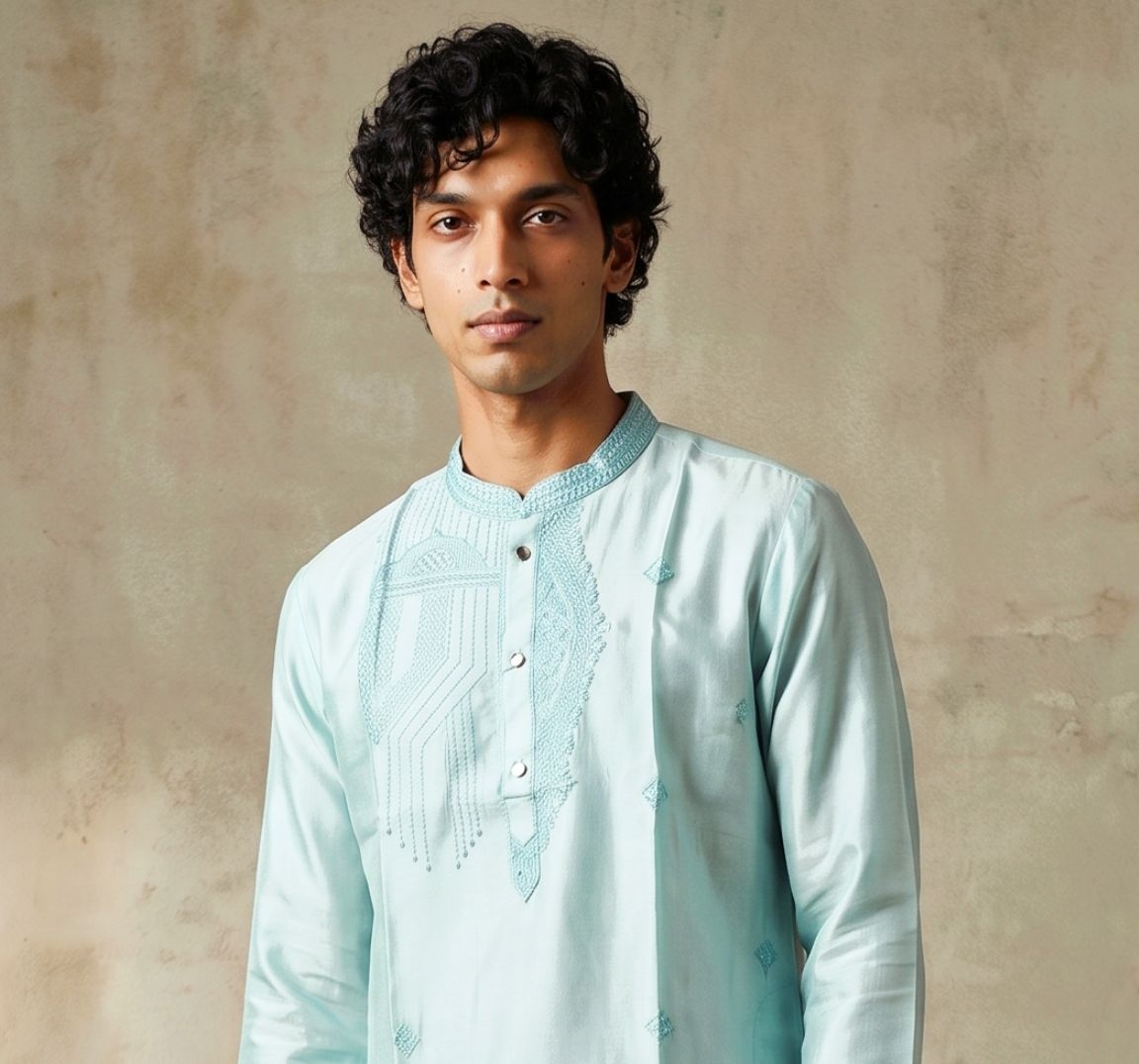 Sky Blue Geometric Embroidery Silk Kurta Pyjama — alternate view