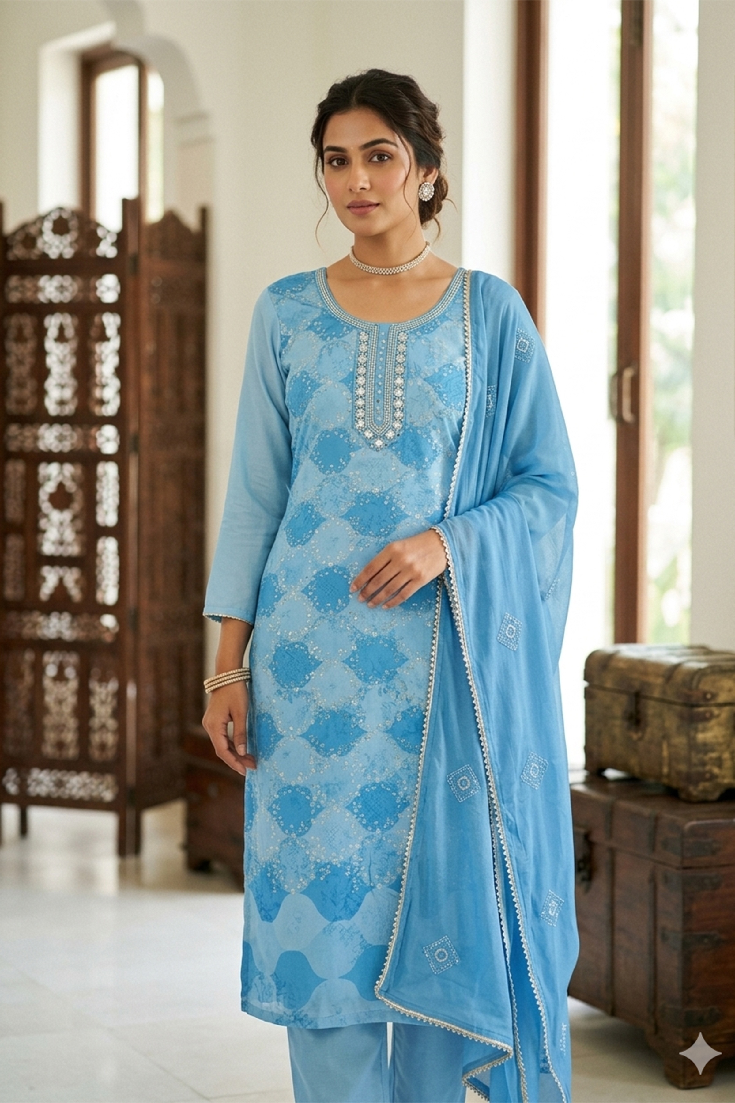 Sky Blue Geometric Printed Muslin Straight Pant Suit