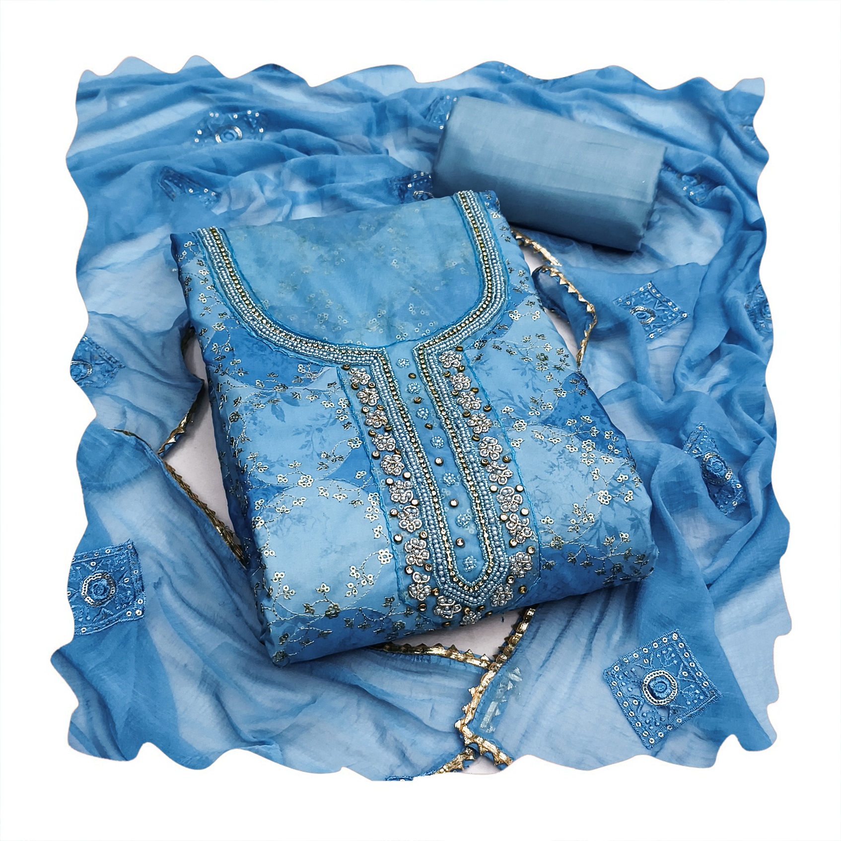 Sky Blue Geometric Printed Muslin Straight Pant Suit — alternate view