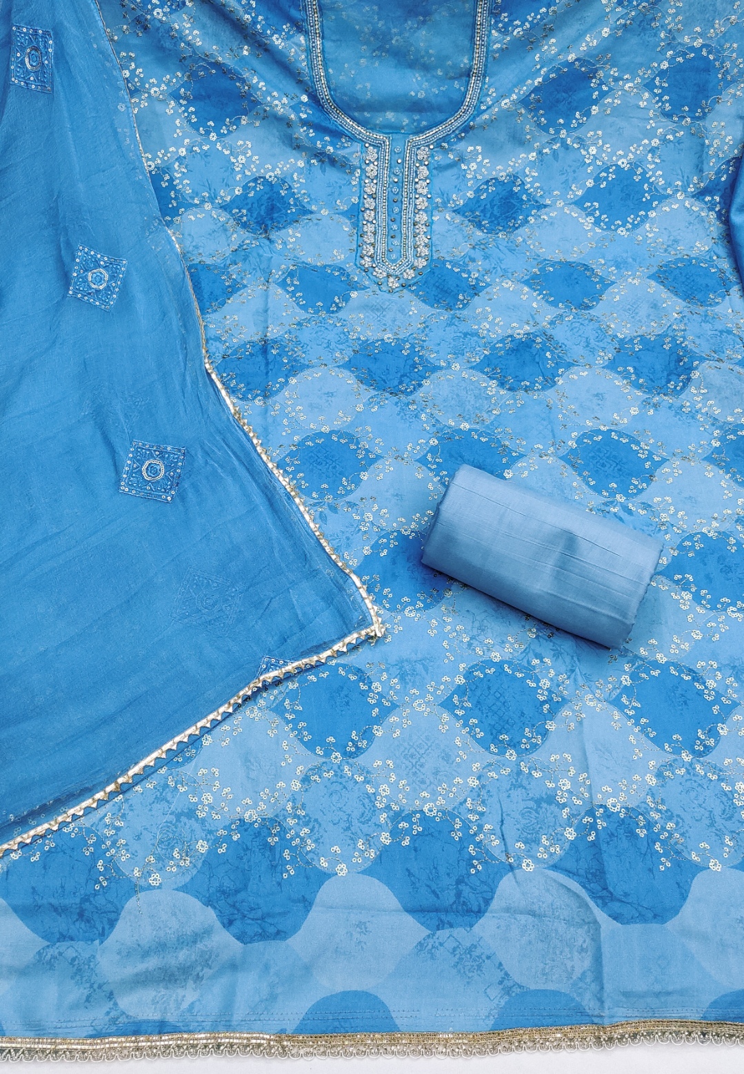 Sky Blue Geometric Printed Muslin Straight Pant Suit