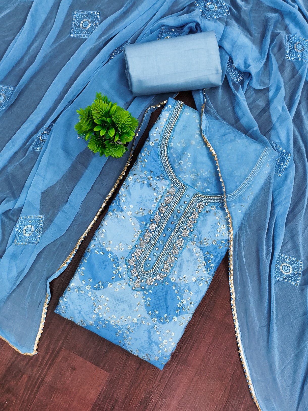 Sky Blue Geometric Printed Muslin Straight Pant Suit