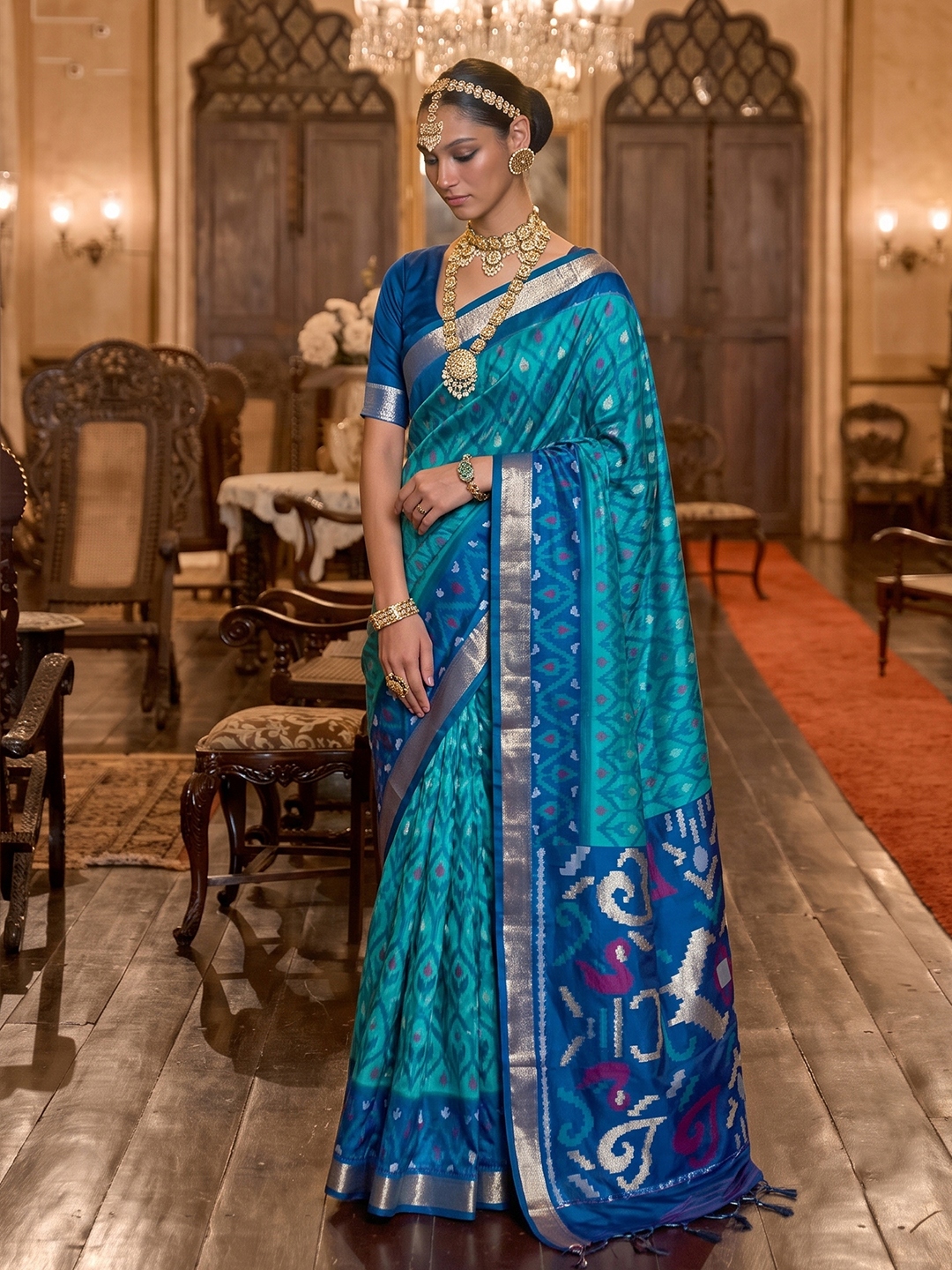Sky Blue Geometric Printed Work Soft Silk Saree