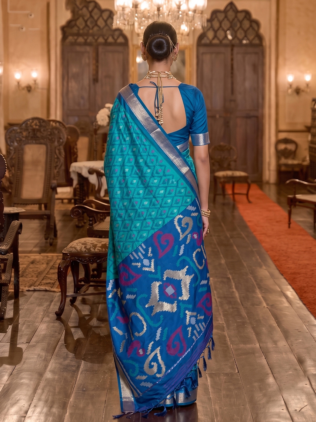 Sky Blue Geometric Printed Work Soft Silk Saree — alternate view