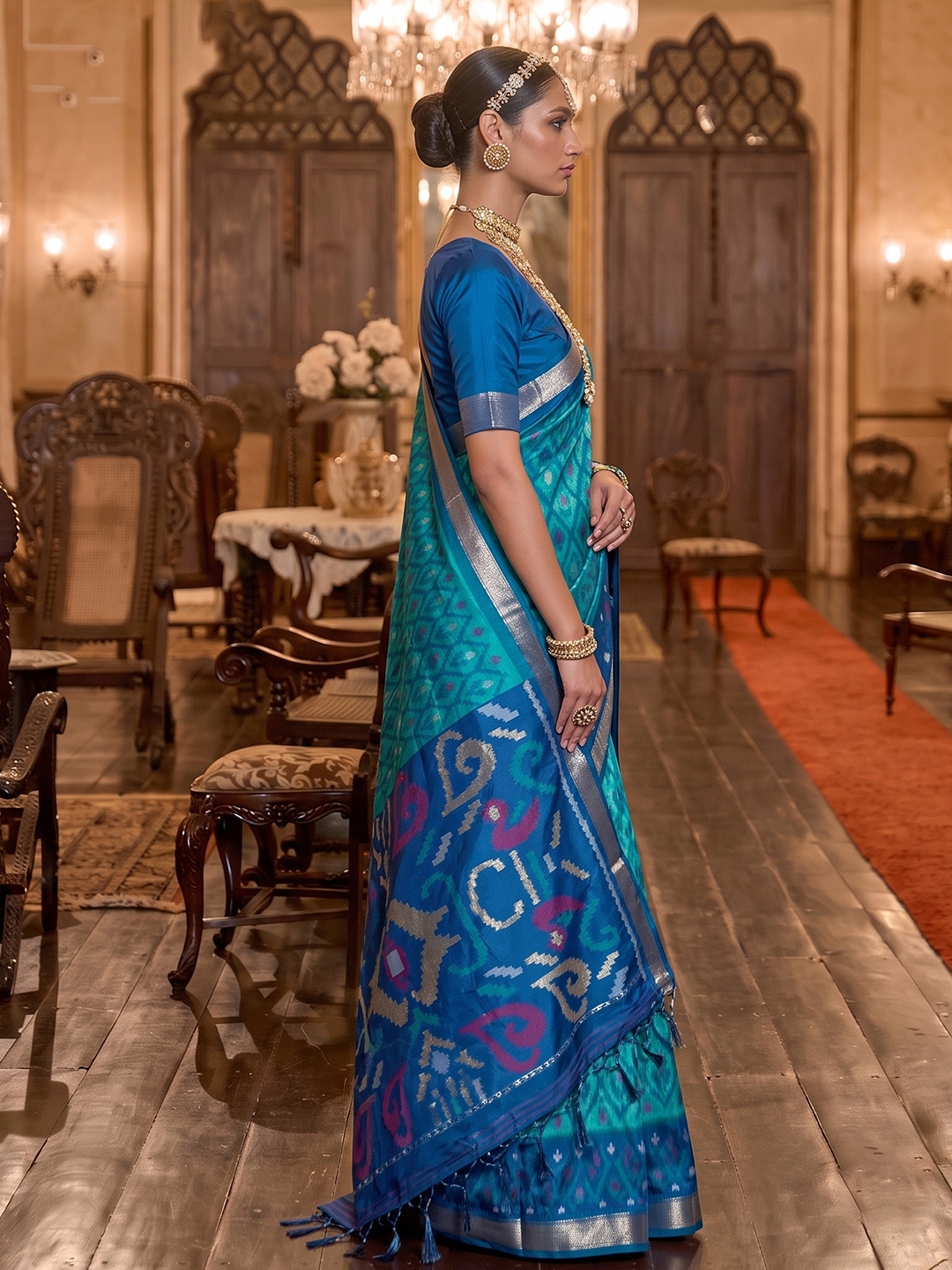 Sky Blue Geometric Printed Work Soft Silk Saree