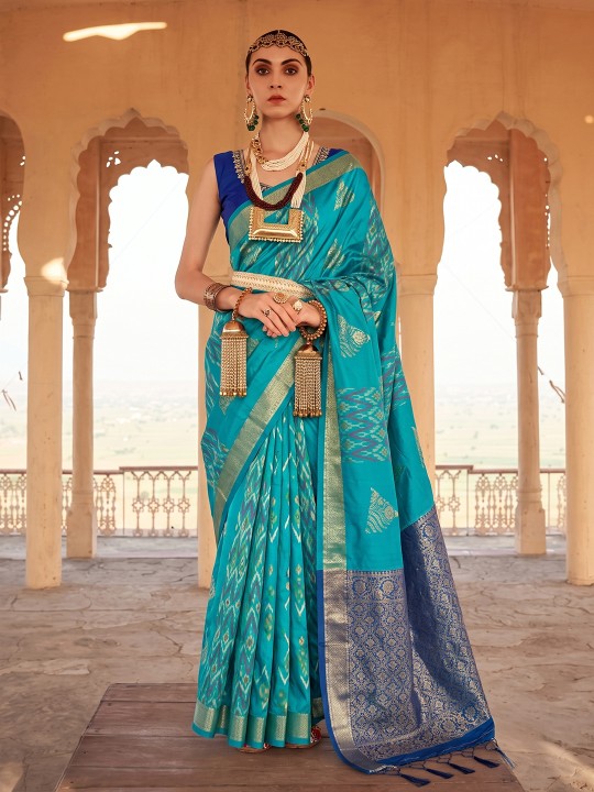 Sky Blue Geometric Woven Designer Soft Silk Saree