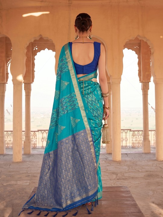 Sky Blue Geometric Woven Designer Soft Silk Saree — alternate view