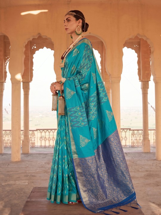 Sky Blue Geometric Woven Designer Soft Silk Saree