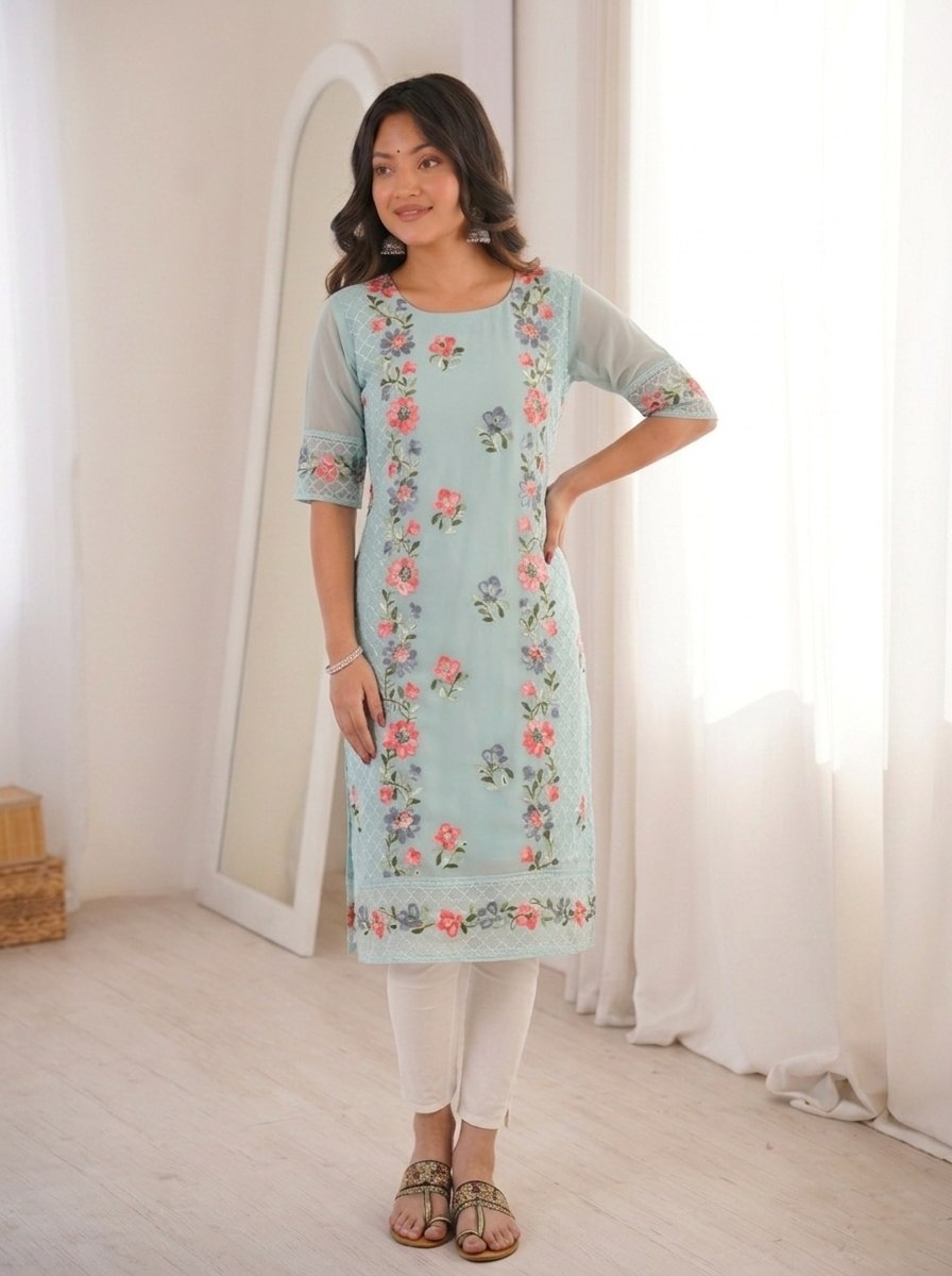 Sky Blue Georgette Chikankari Kurti — alternate view