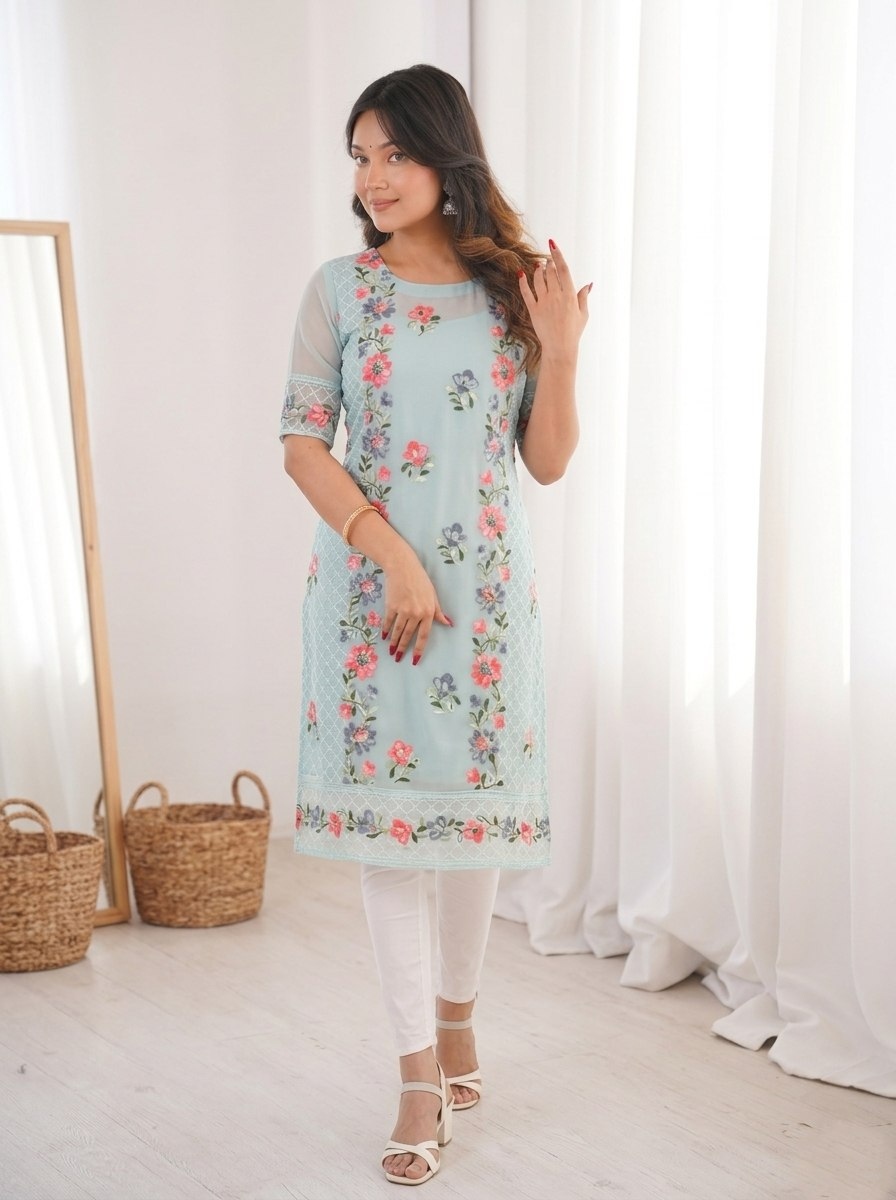 Sky Blue Georgette Chikankari Kurti