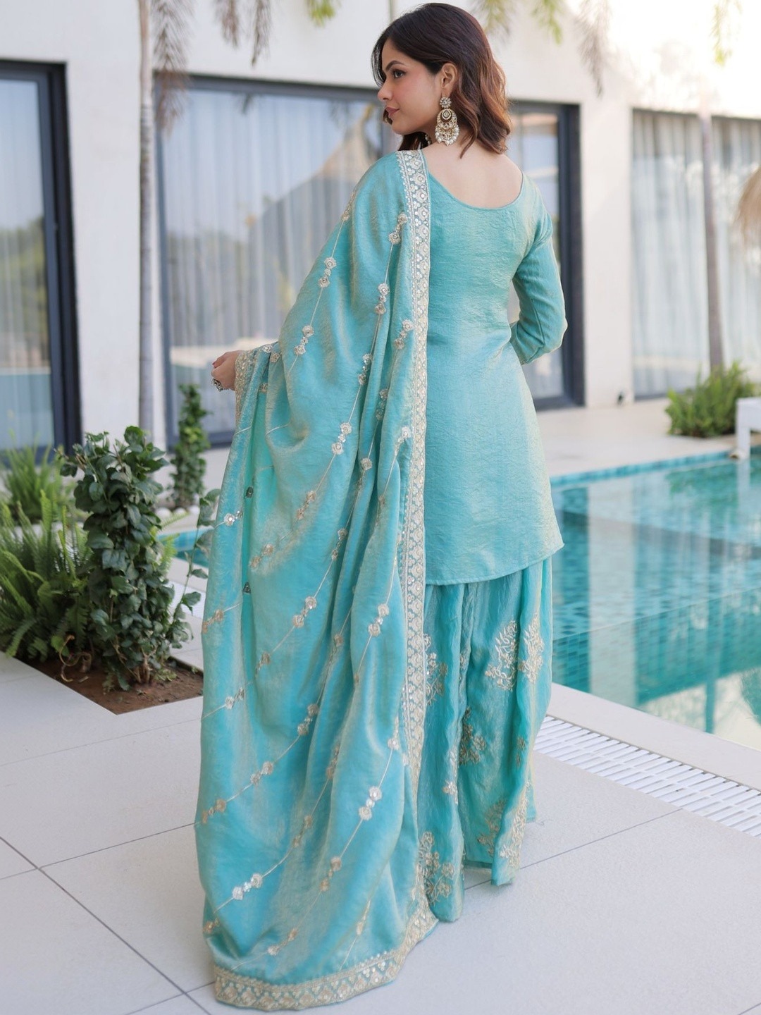 Sky Blue Georgette Palazzo Suit — alternate view