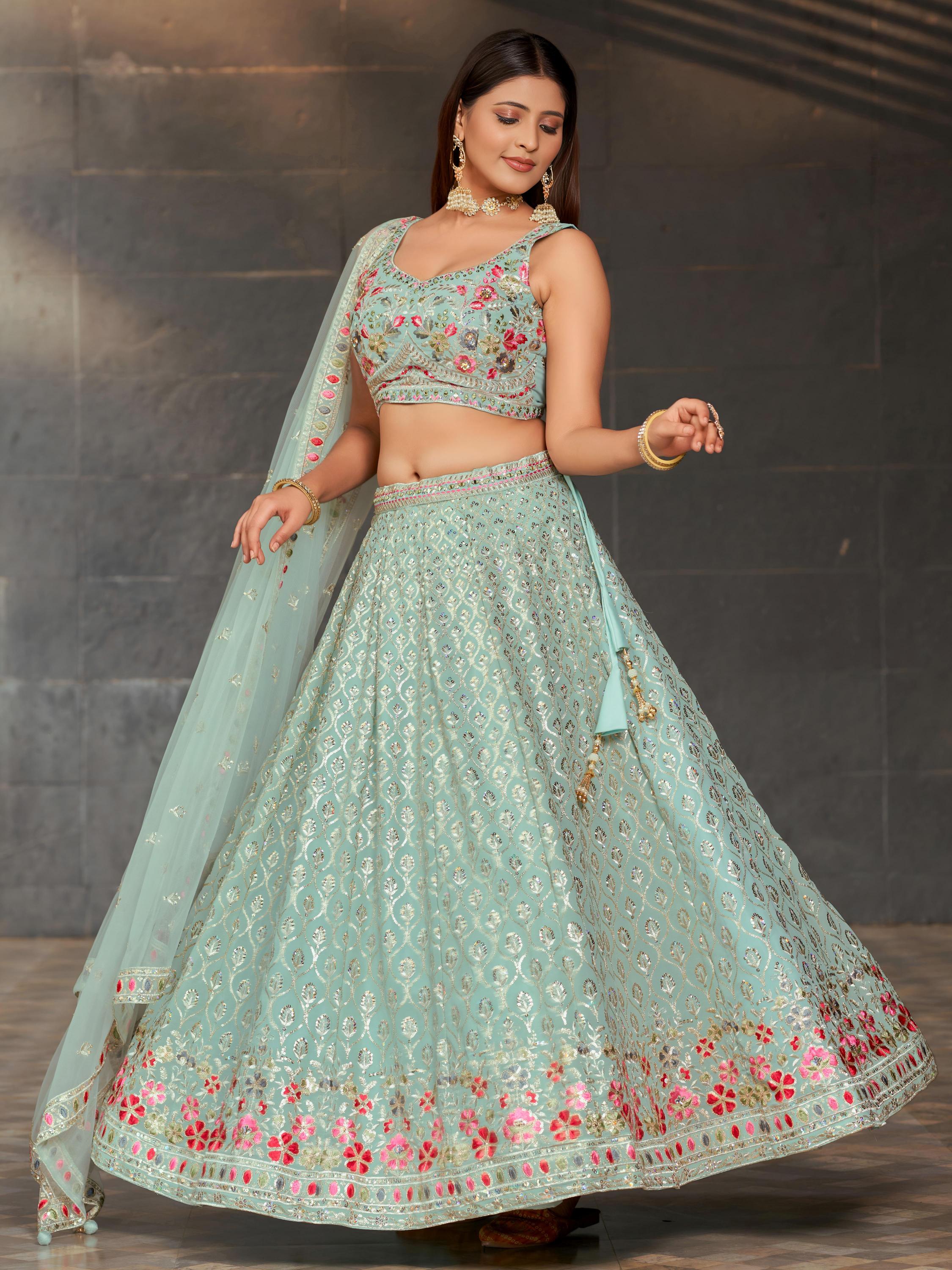 Sky Blue Georgette Sequins Embroidered Lehenga Choli