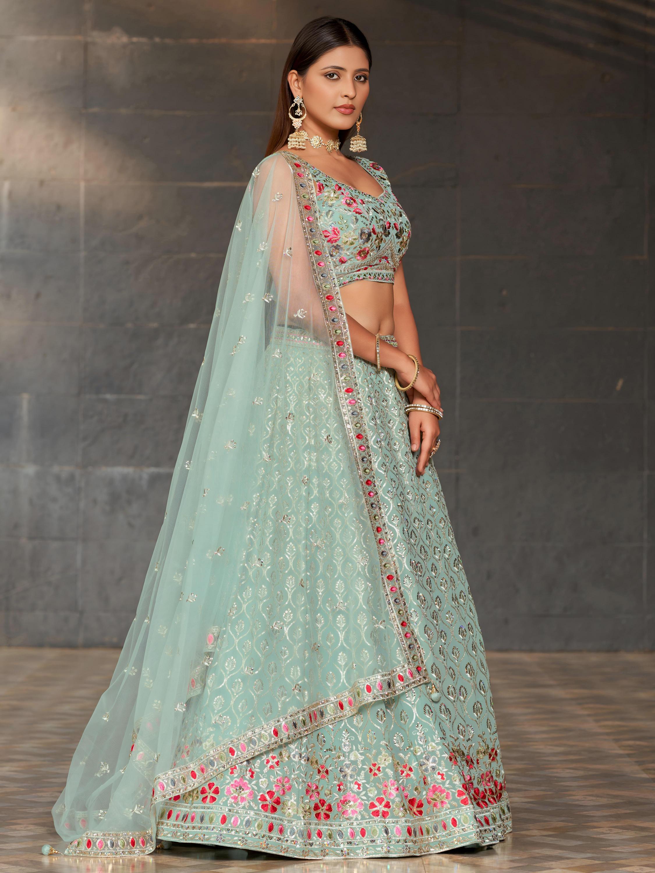 Sky Blue Georgette Sequins Embroidered Lehenga Choli