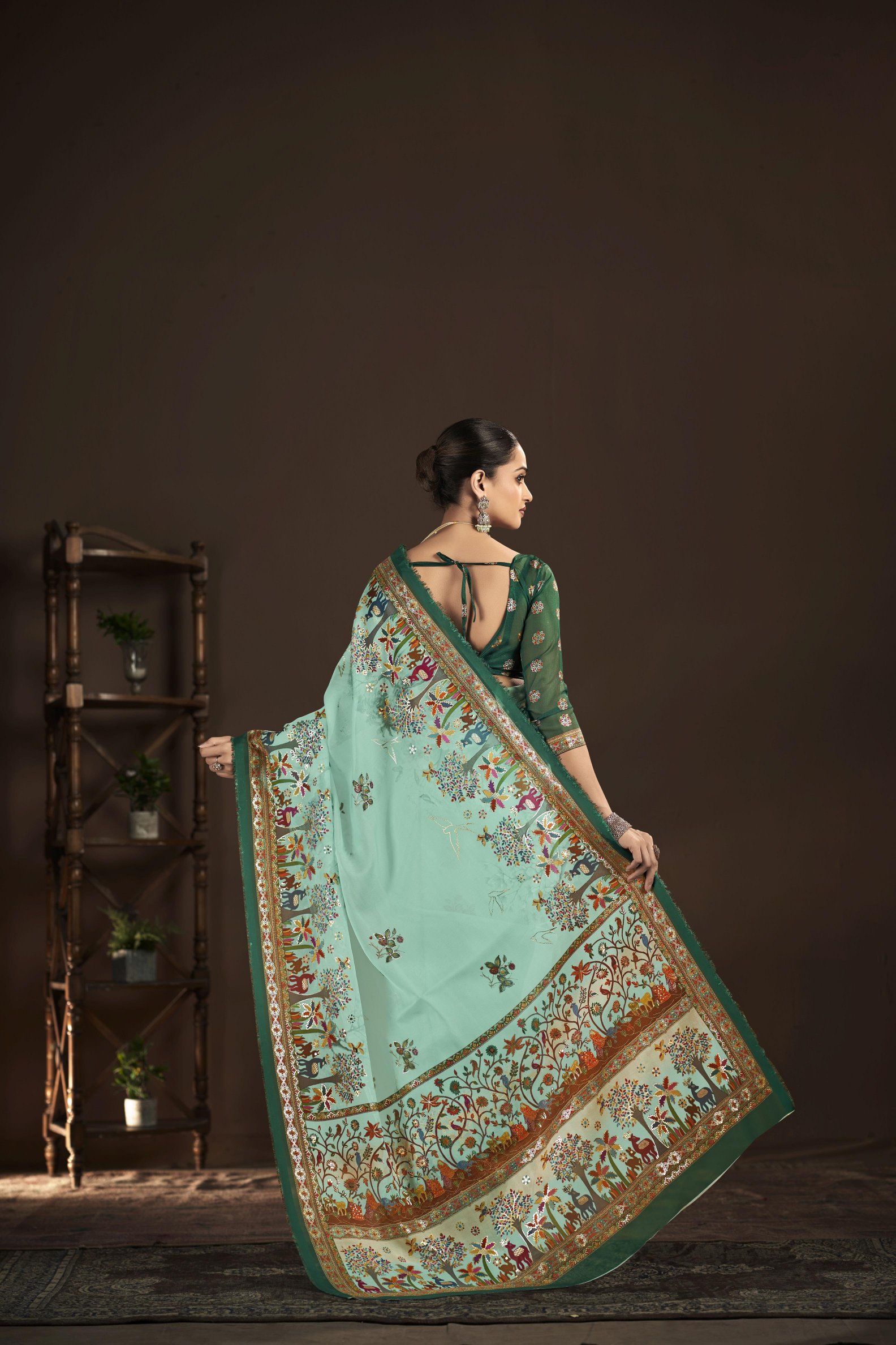 Sky Blue Green Crepe Silk Foil Printed Saree — alternate view