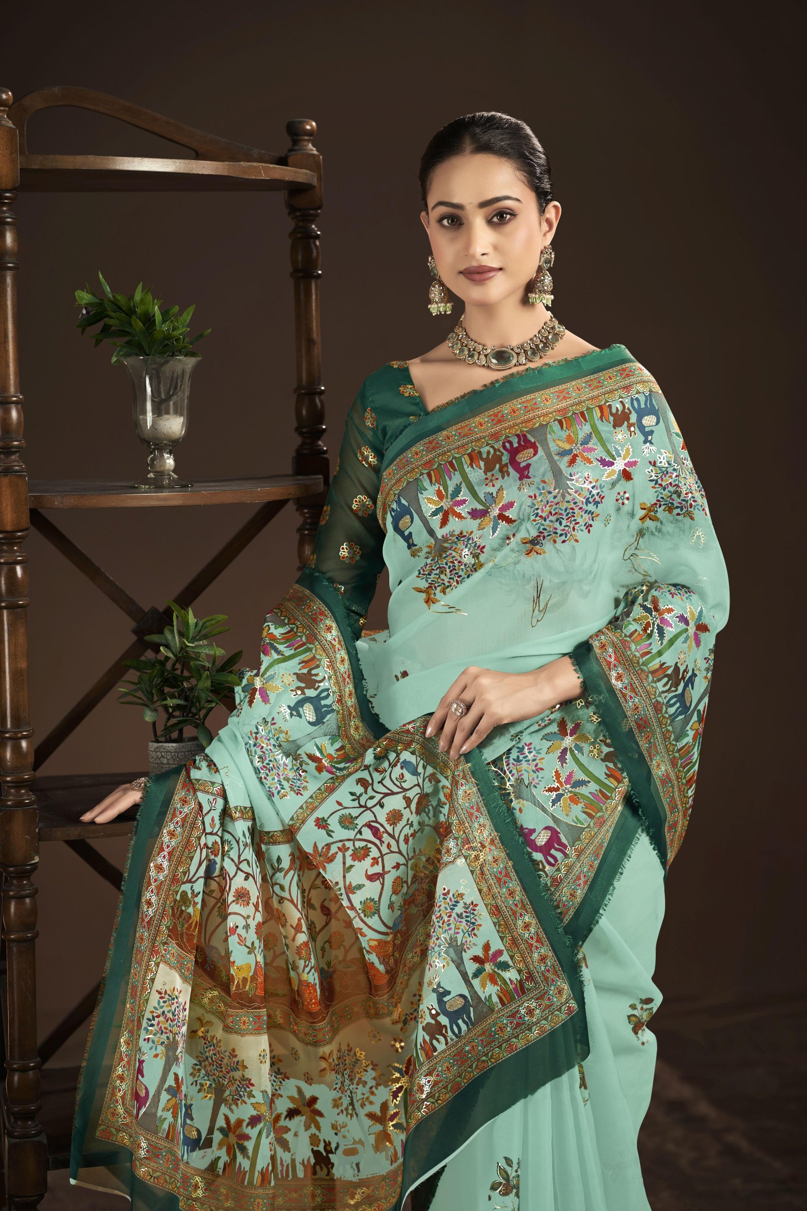 Sky Blue Green Crepe Silk Foil Printed Saree