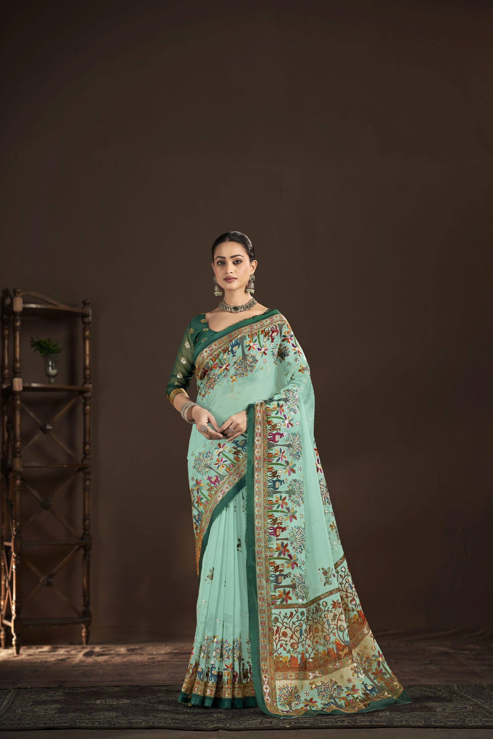 Sky Blue Green Crepe Silk Foil Printed Saree