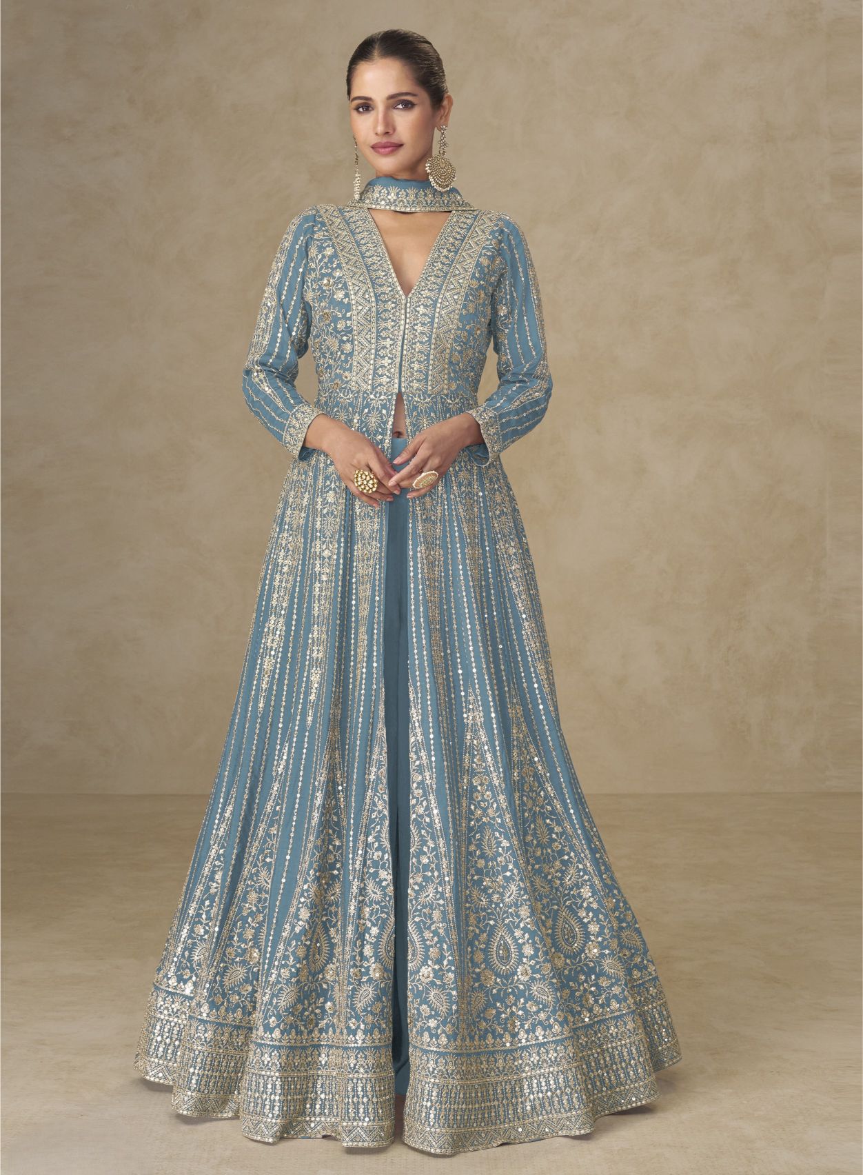 Sky Blue Heavy Embroidered Chinon Anarkali Suit
