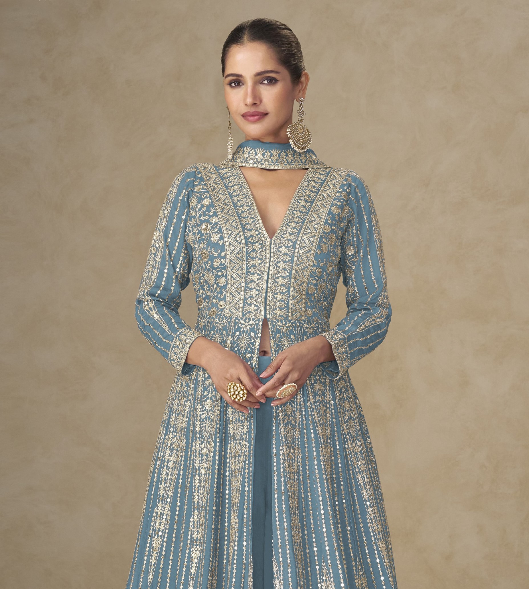 Sky Blue Heavy Embroidered Chinon Anarkali Suit