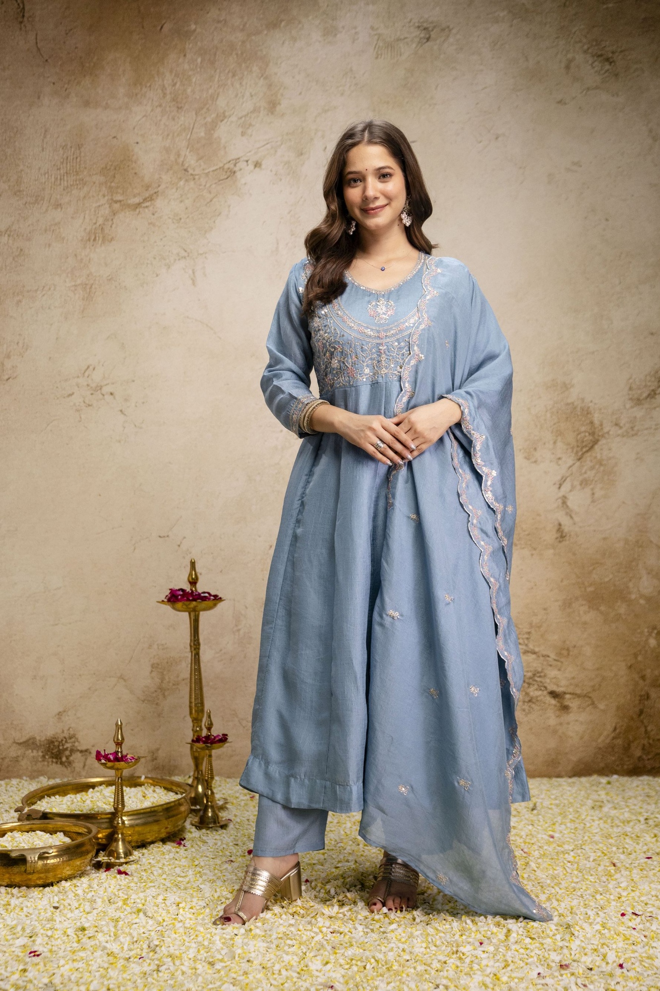 Sky Blue Heritage Embroidered Roman Silk Anarkali Suit