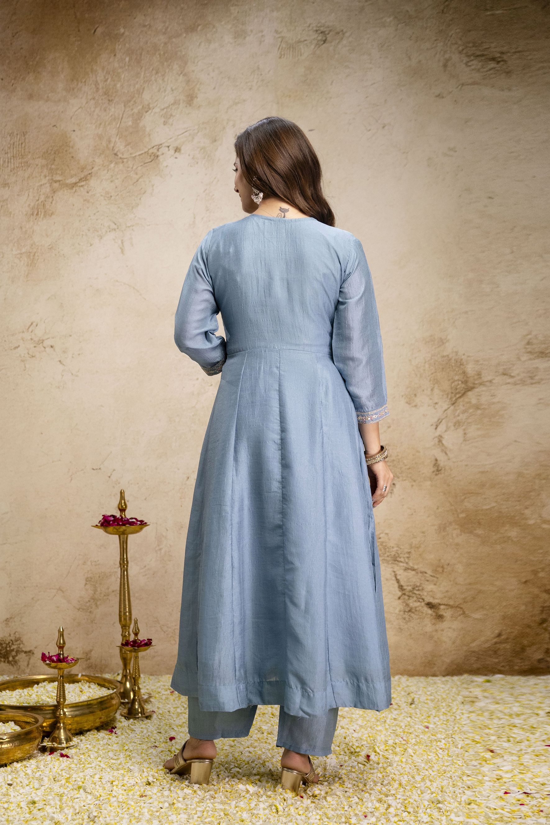 Sky Blue Heritage Embroidered Roman Silk Anarkali Suit — alternate view