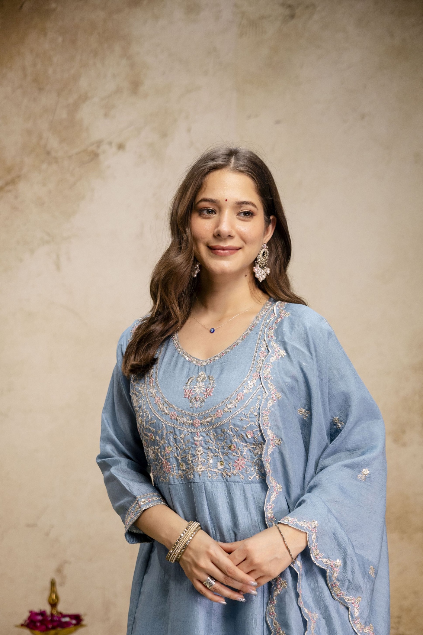 Sky Blue Heritage Embroidered Roman Silk Anarkali Suit