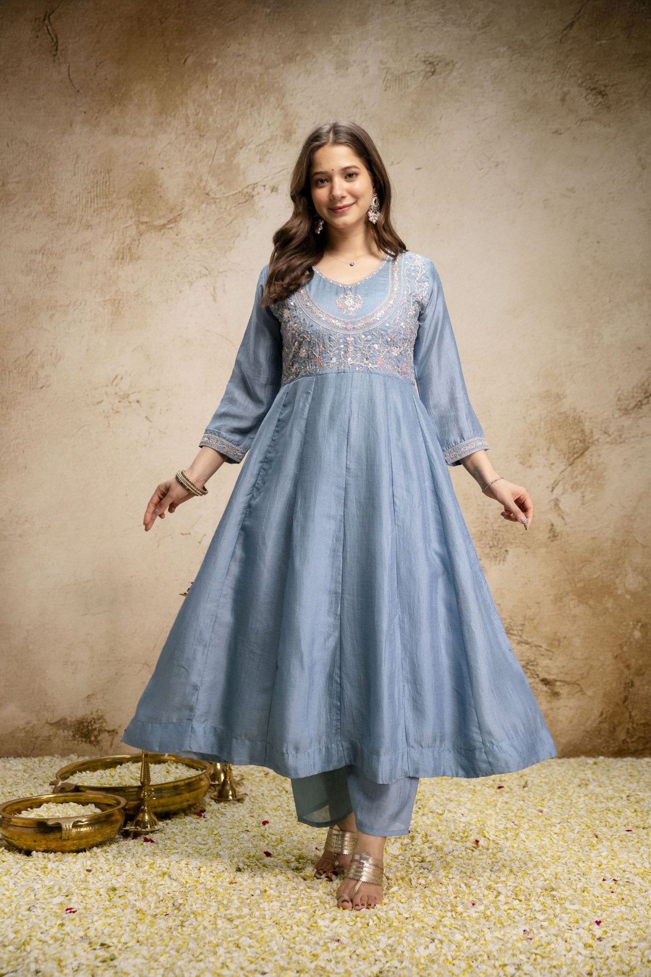 Sky Blue Heritage Embroidered Roman Silk Anarkali Suit