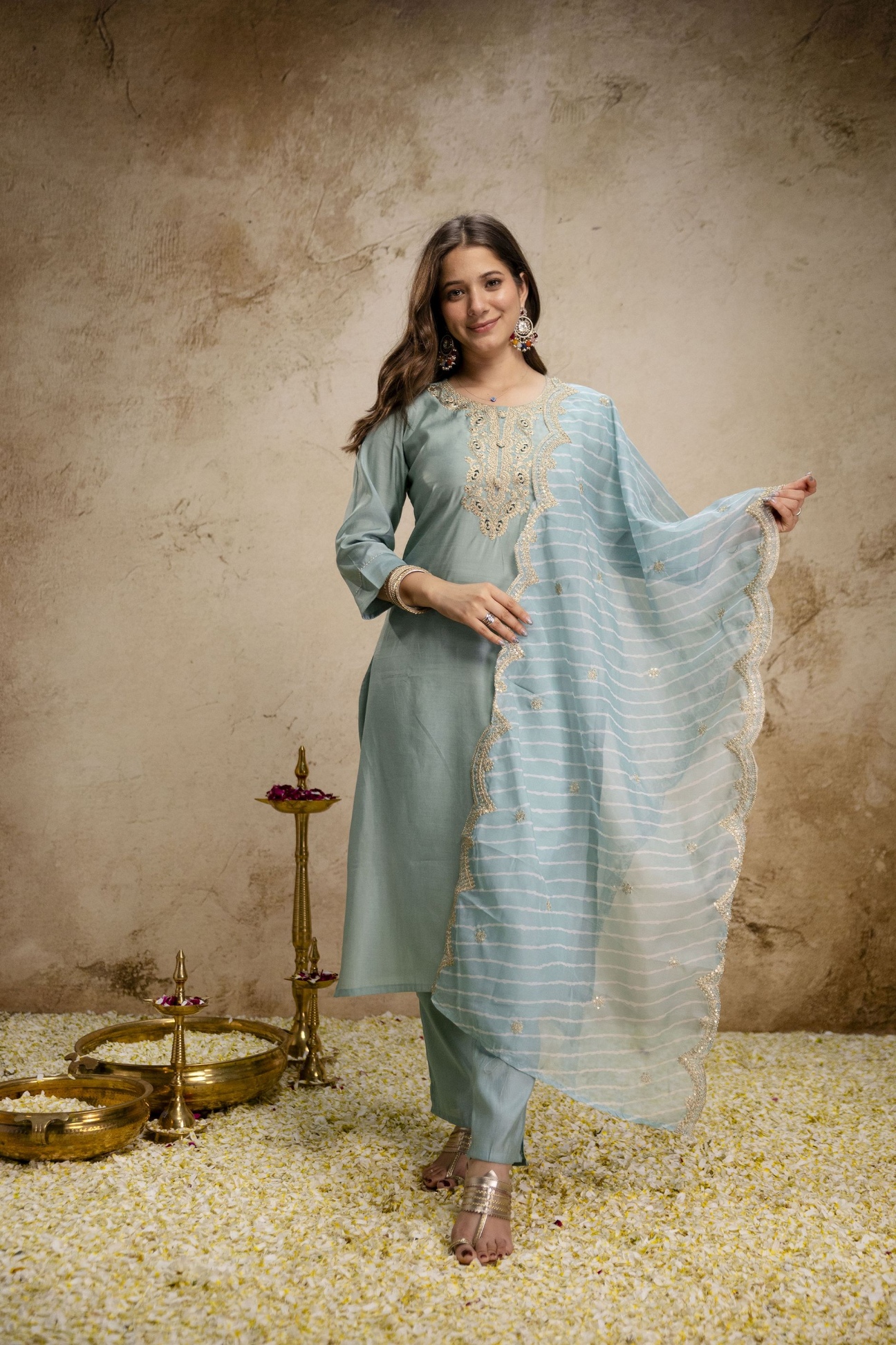 Sky Blue Heritage Embroidered Roman Silk Salwar Suit