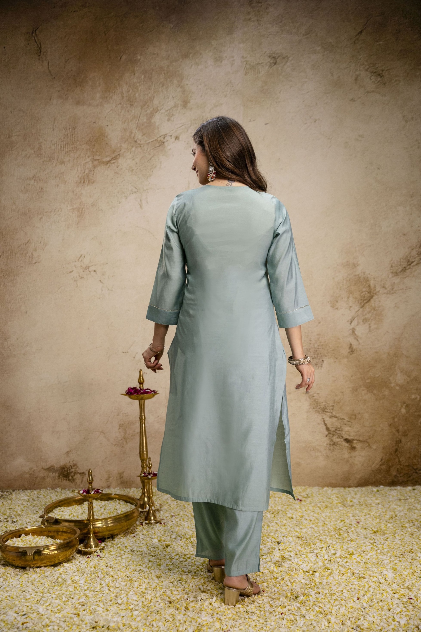 Sky Blue Heritage Embroidered Roman Silk Salwar Suit — alternate view