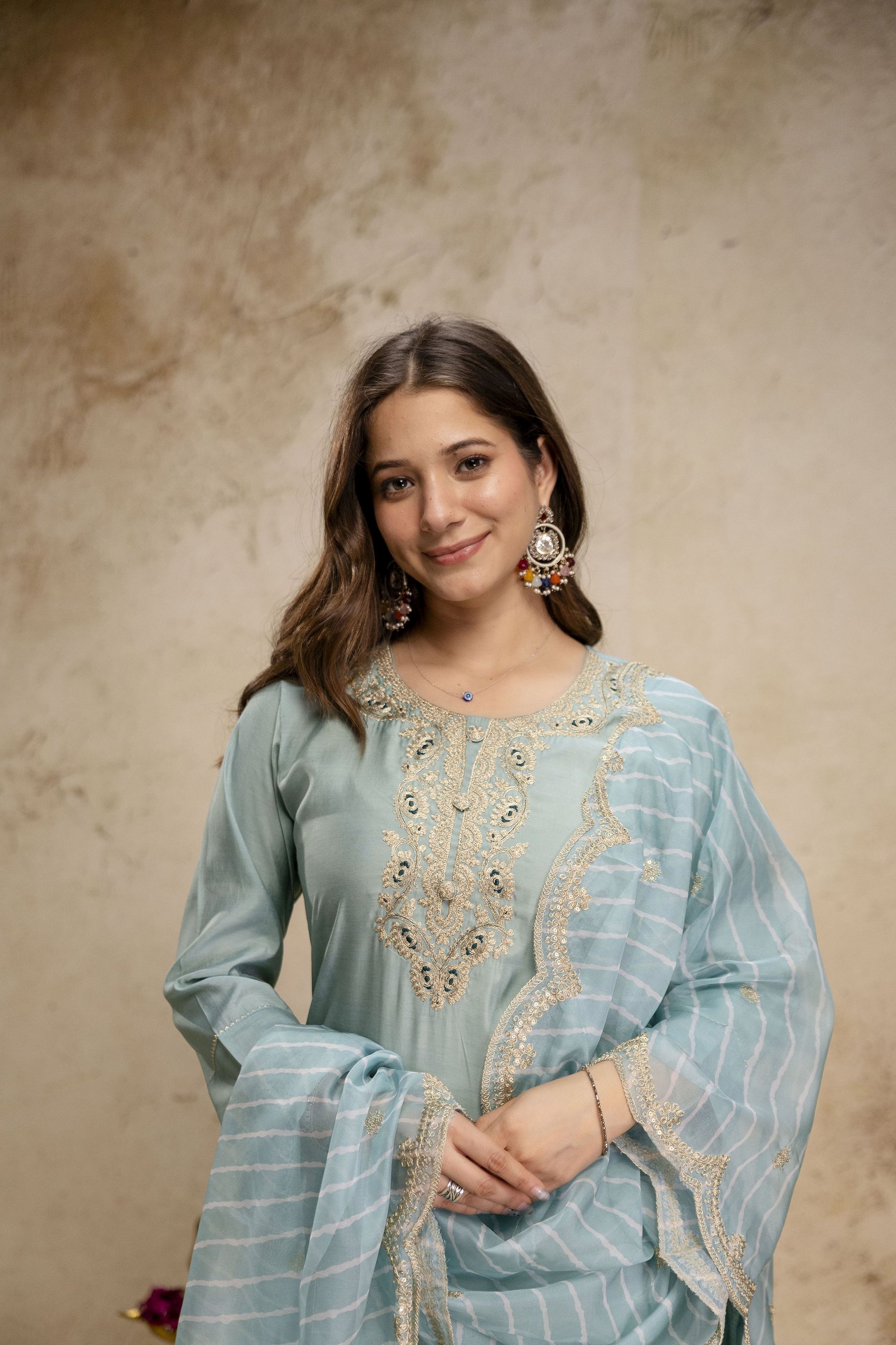 Sky Blue Heritage Embroidered Roman Silk Salwar Suit