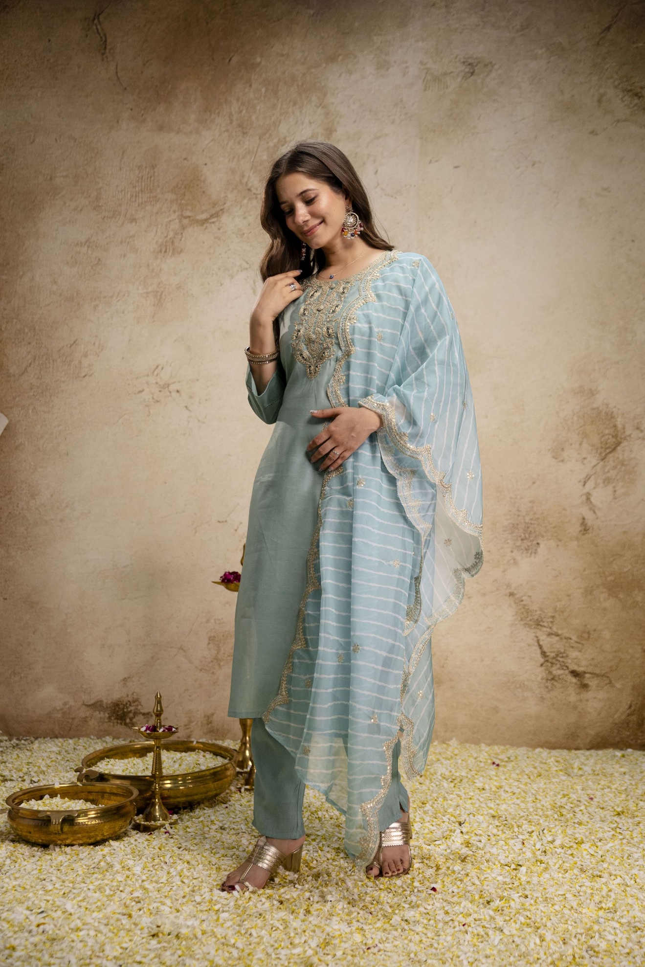 Sky Blue Heritage Embroidered Roman Silk Salwar Suit