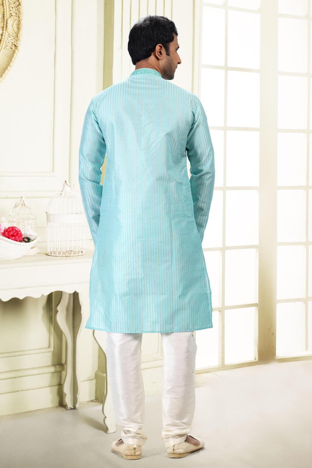 Sky Blue Jacquard Silk Kurta Pyjama — alternate view