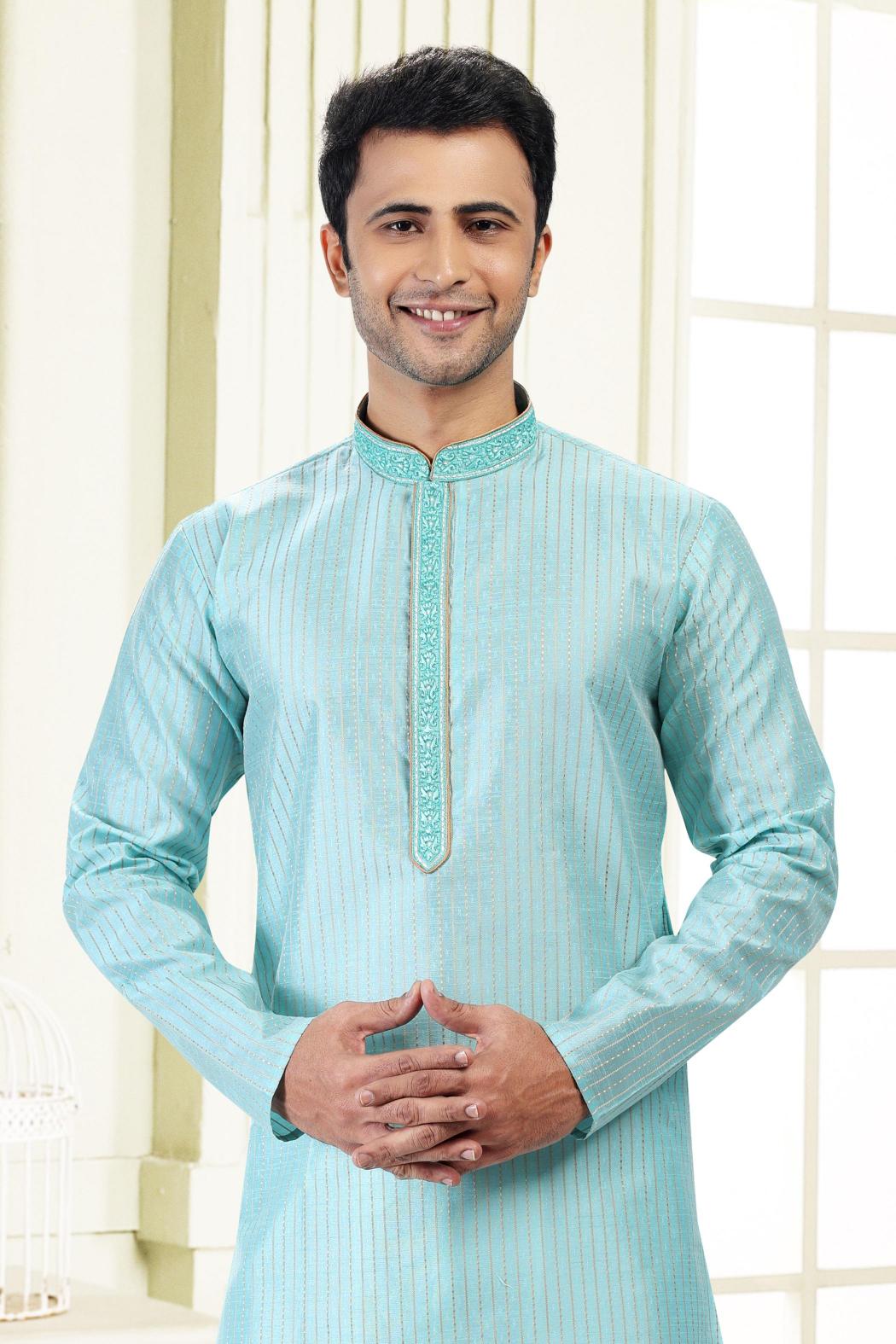 Sky Blue Jacquard Silk Kurta Pyjama