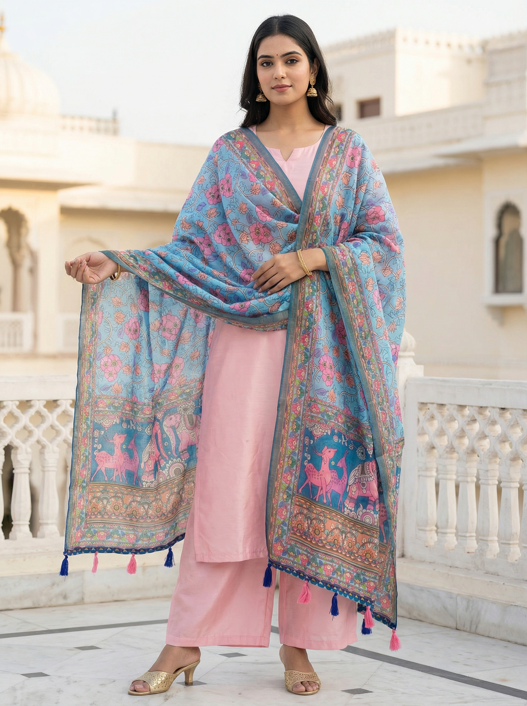 Sky Blue Kalamkari Heritage Linen Silk Designer Dupatta