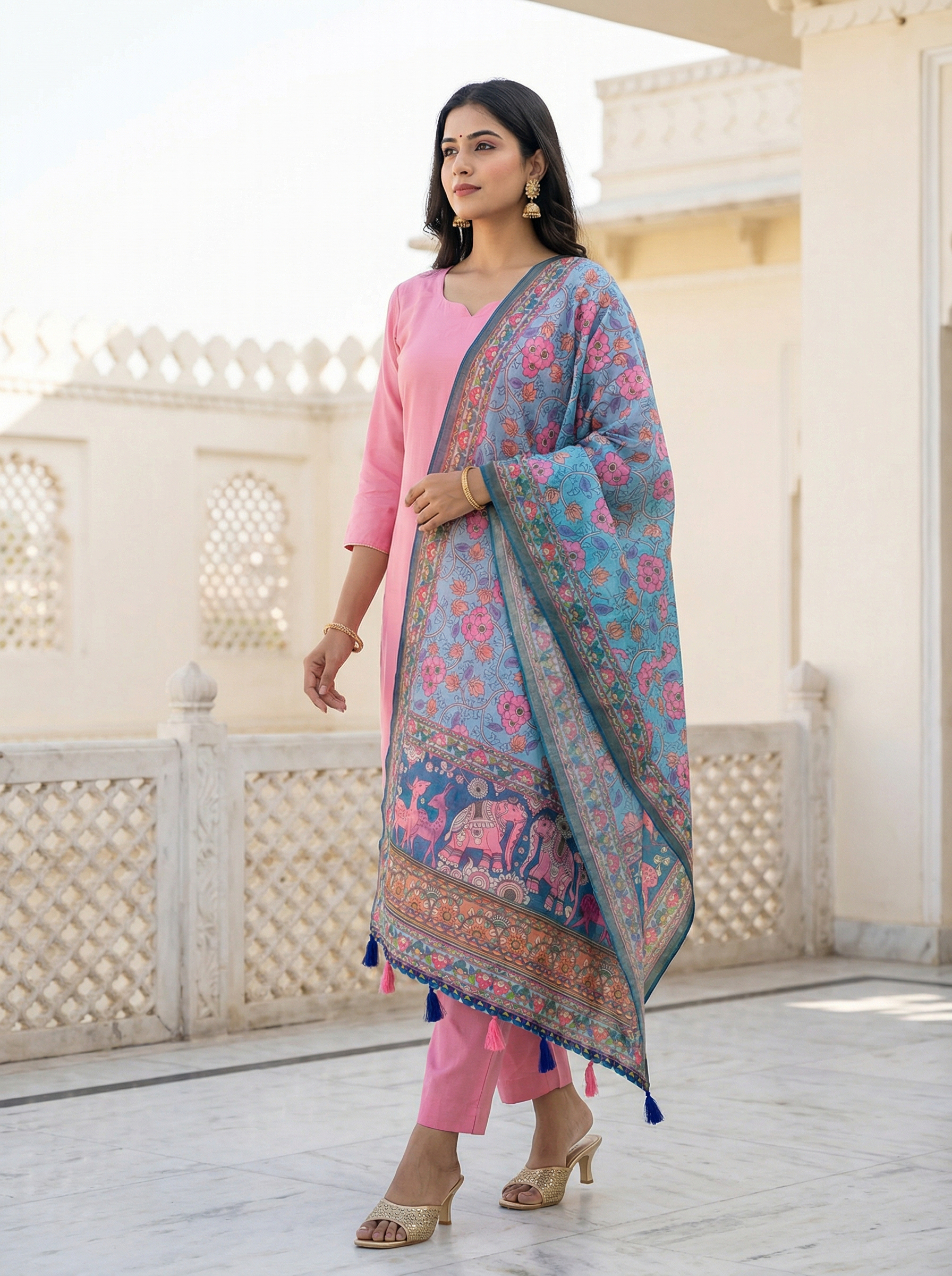 Sky Blue Kalamkari Heritage Linen Silk Designer Dupatta — alternate view