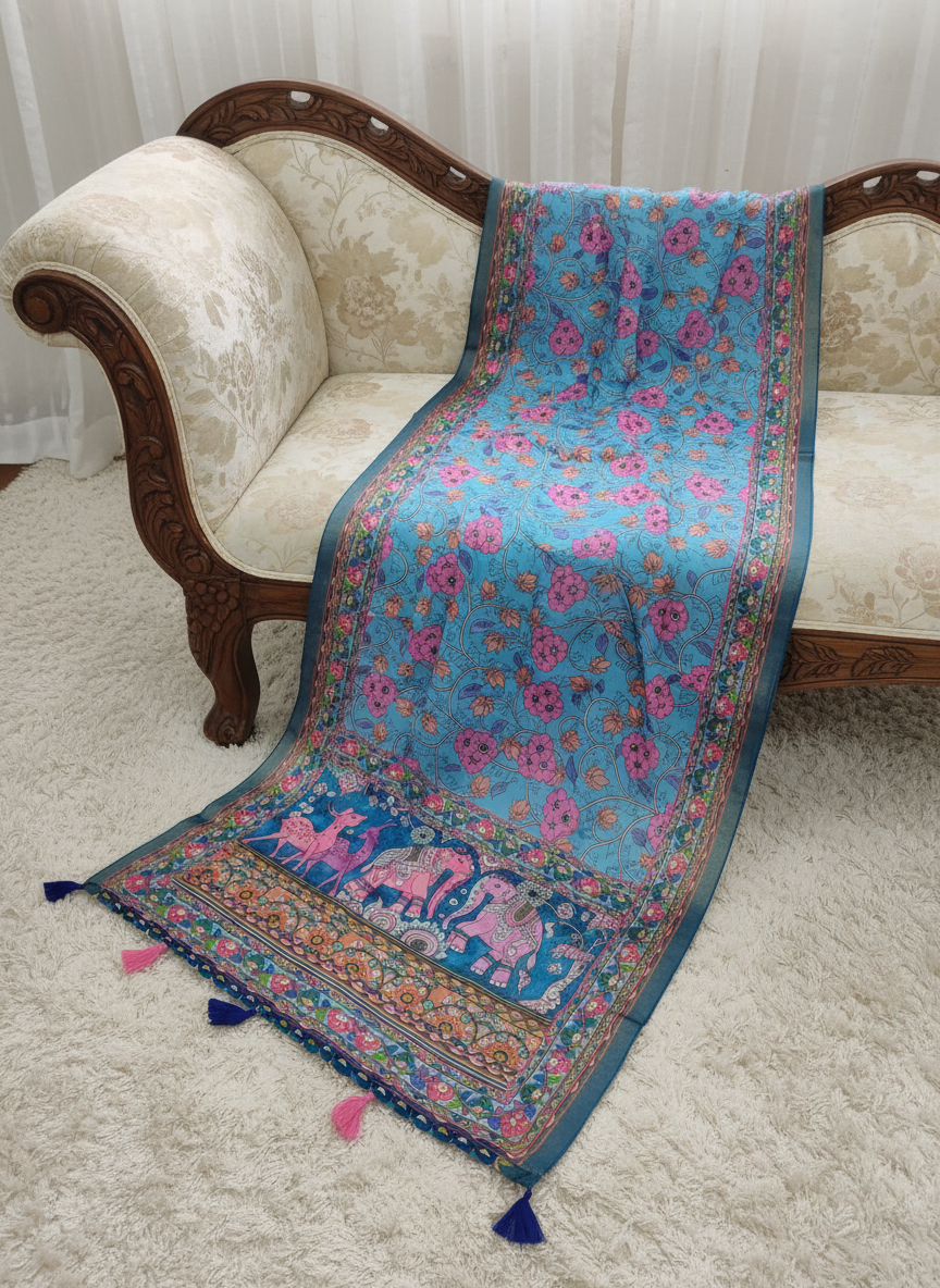 Sky Blue Kalamkari Heritage Linen Silk Designer Dupatta