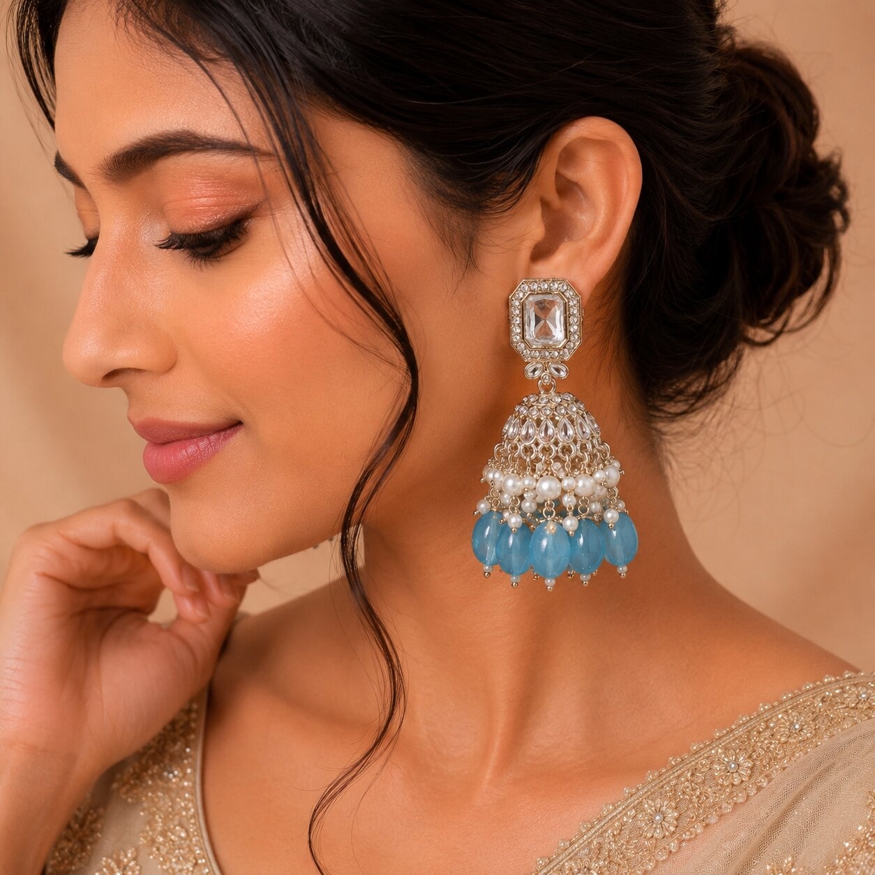 Sky Blue Kundan Pearl Jhumka Earrings