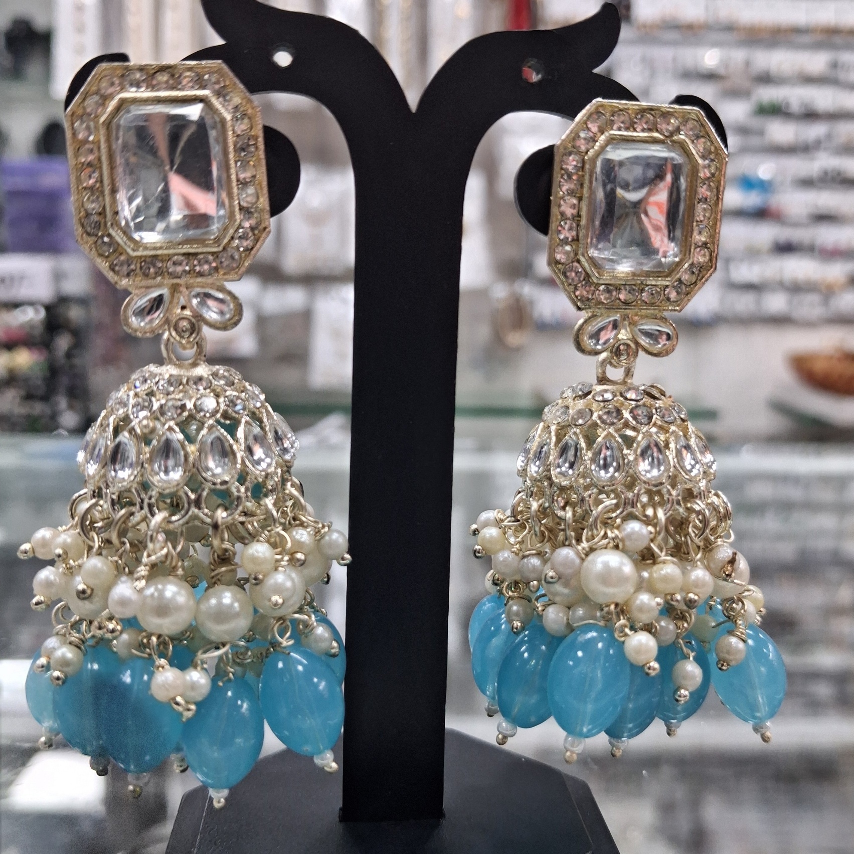 Sky Blue Kundan Pearl Jhumka Earrings — alternate view