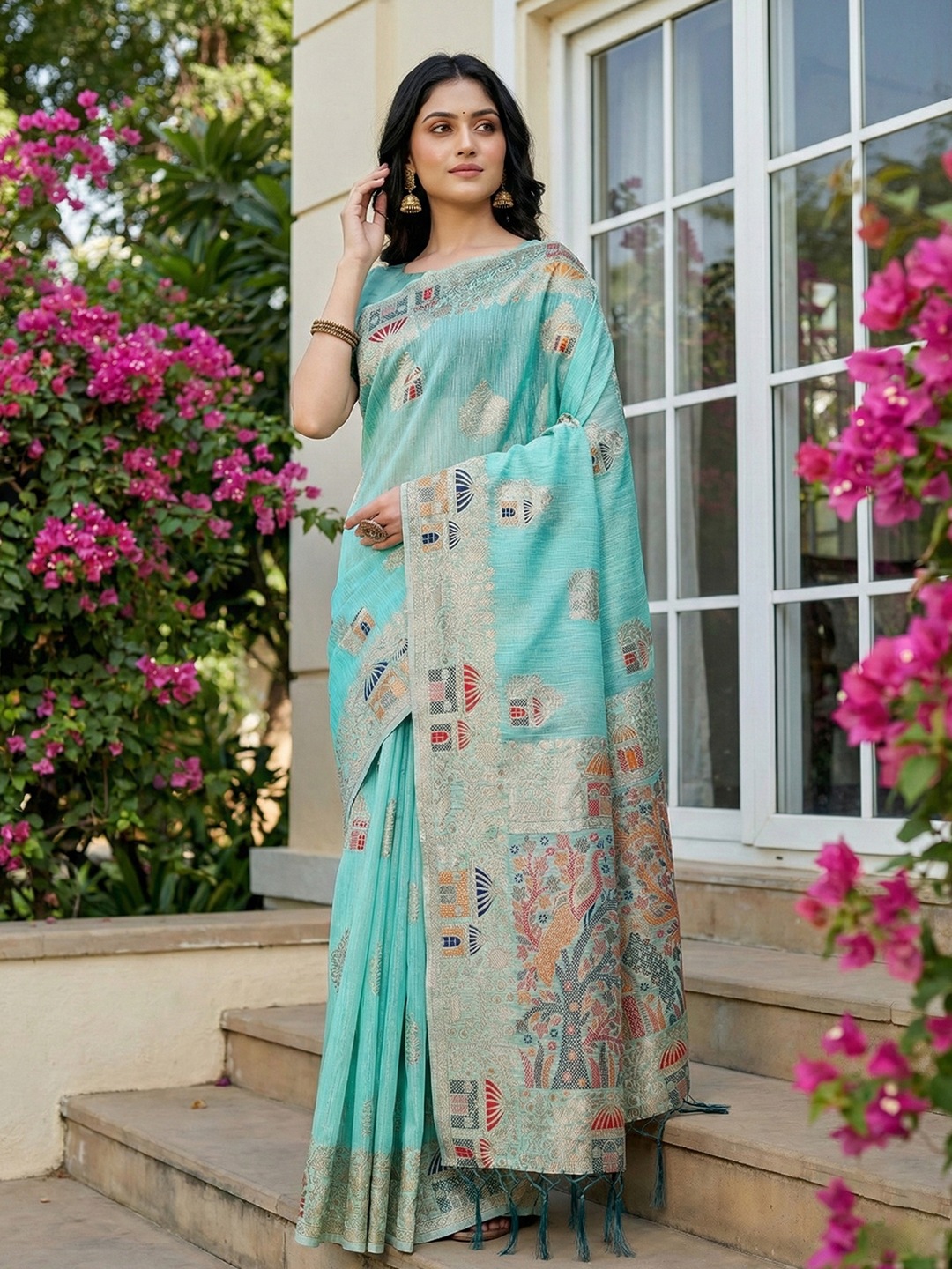 Sky Blue Linen Cotton Woven Designer Saree