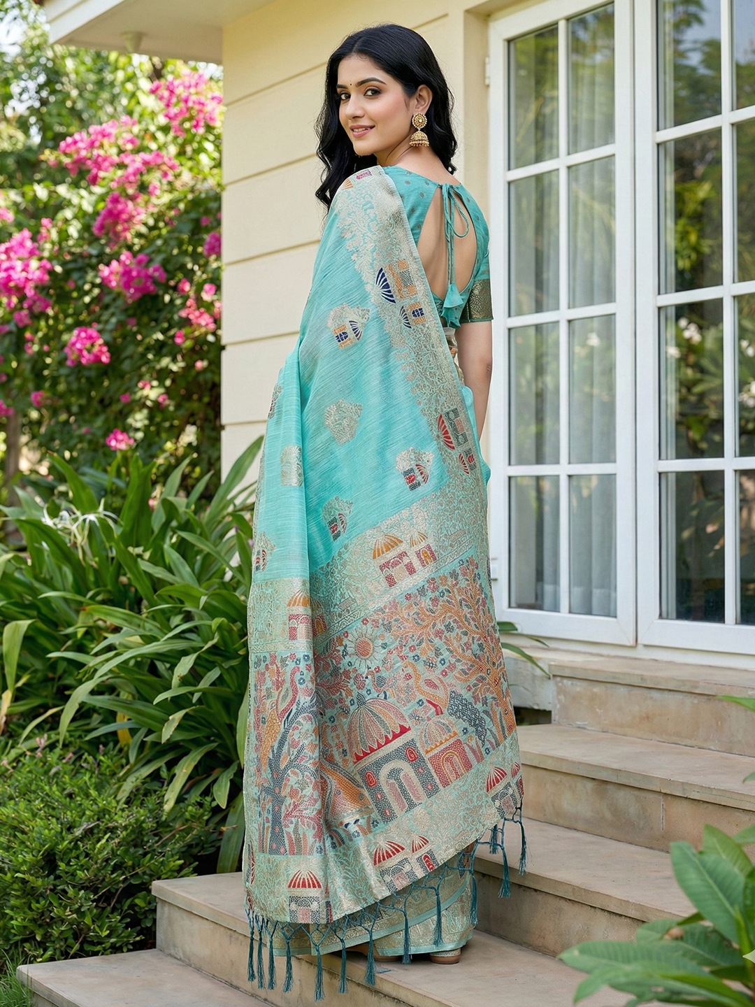 Sky Blue Linen Cotton Woven Designer Saree — alternate view