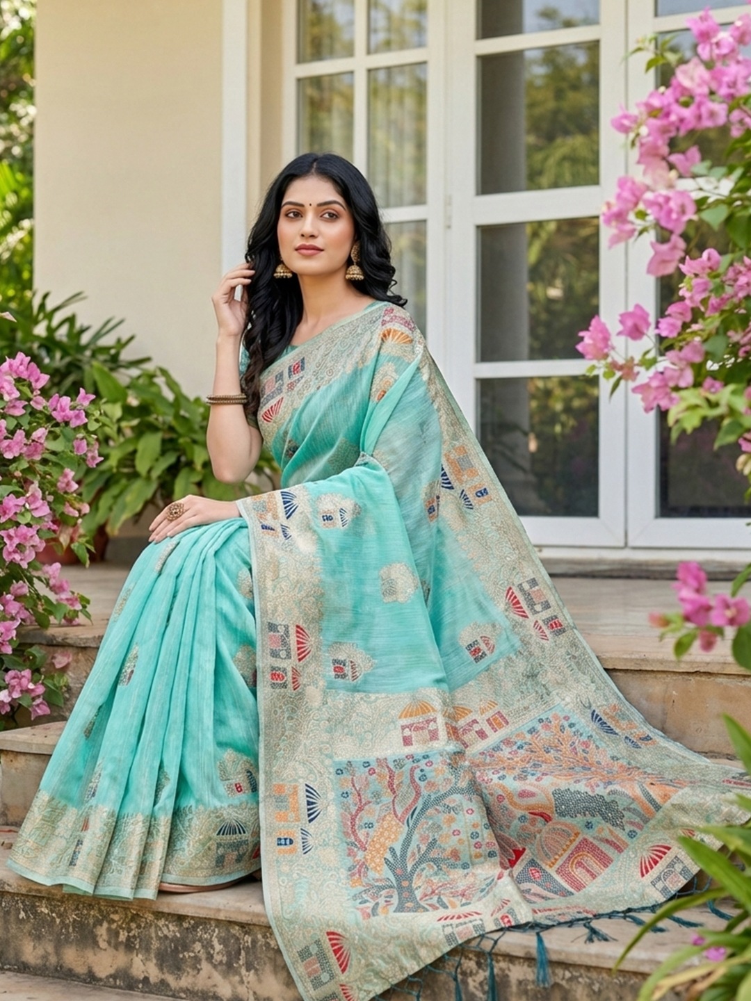 Sky Blue Linen Cotton Woven Designer Saree