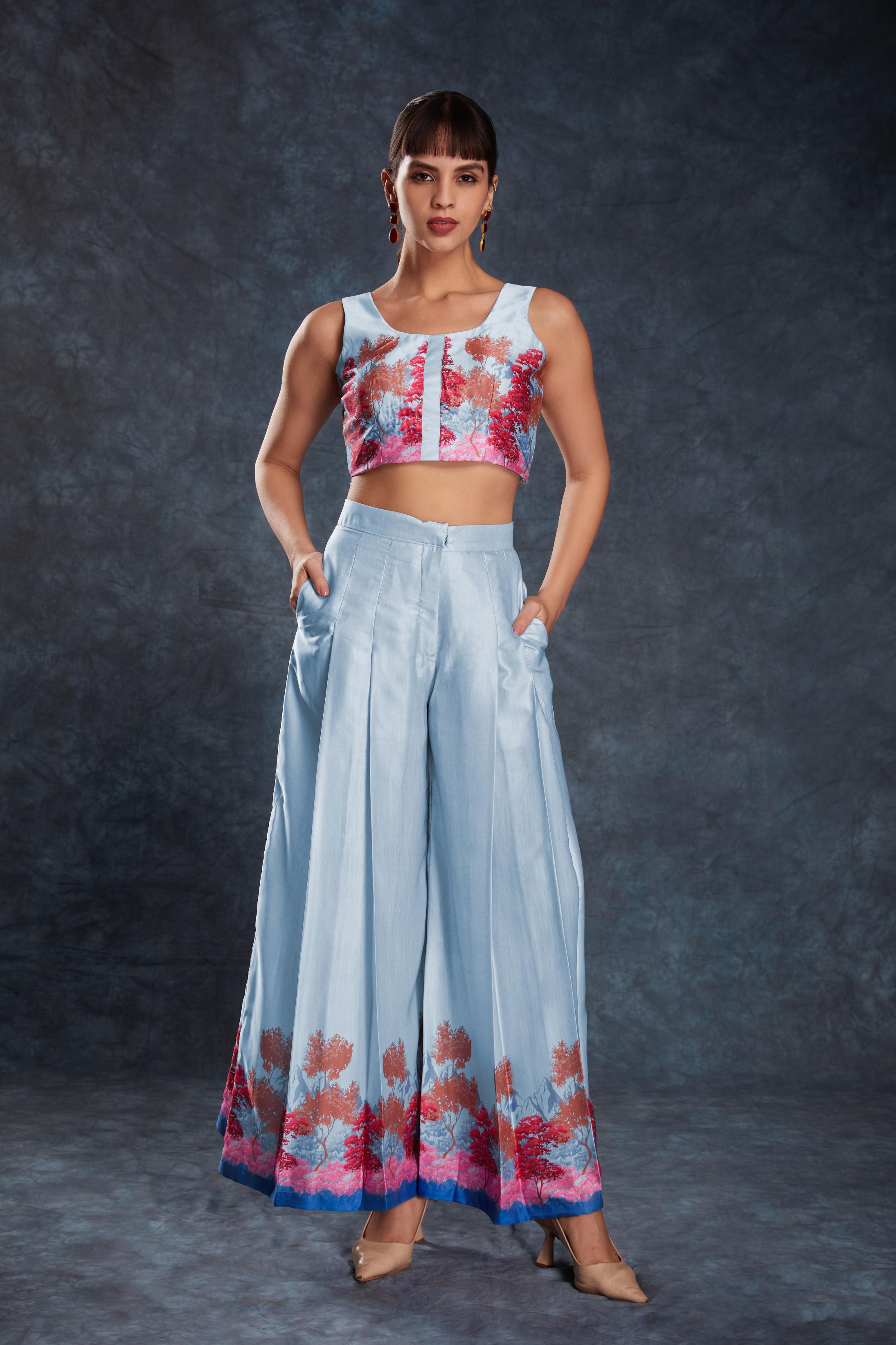 Sky Blue Linen Satin Designer Printed Kurti
