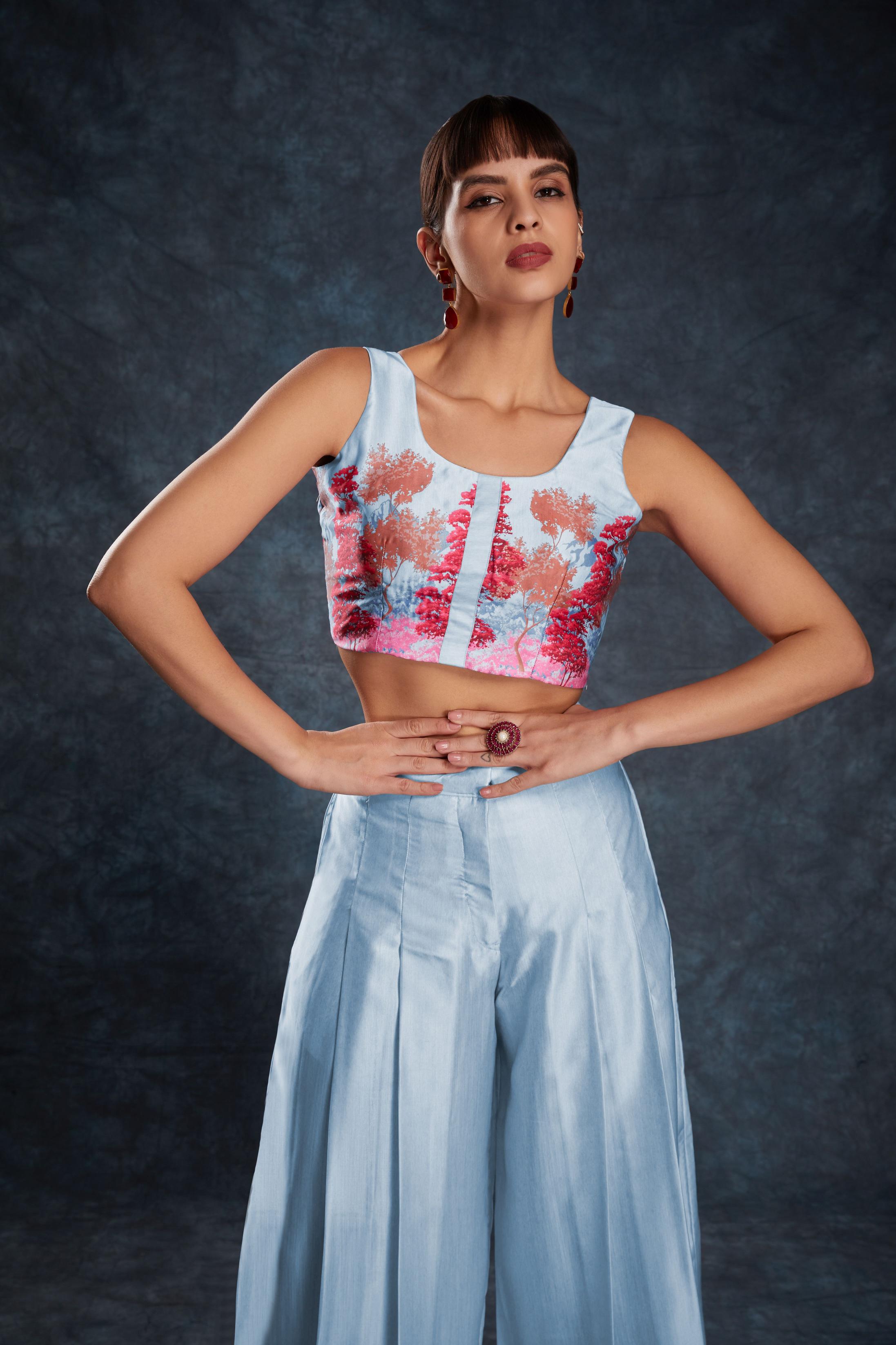 Sky Blue Linen Satin Designer Printed Kurti — alternate view