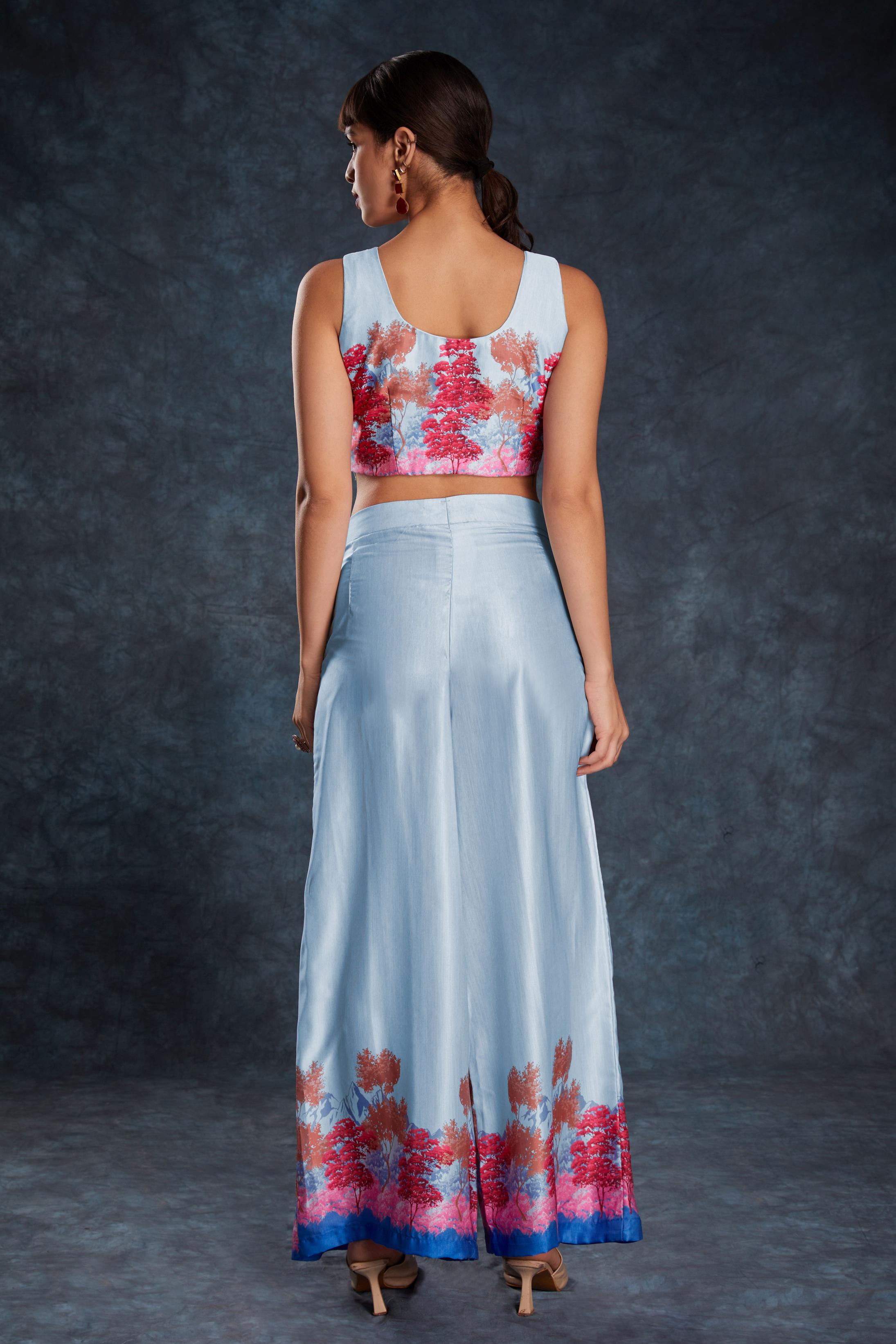 Sky Blue Linen Satin Designer Printed Kurti