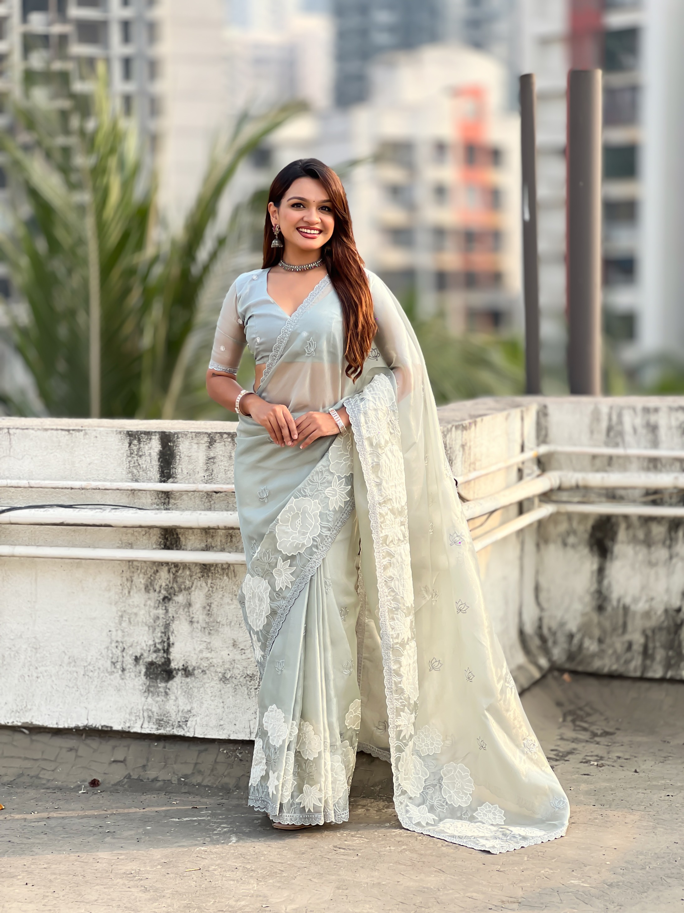 Sky Blue Lotus Embroidery Oris Silk Saree