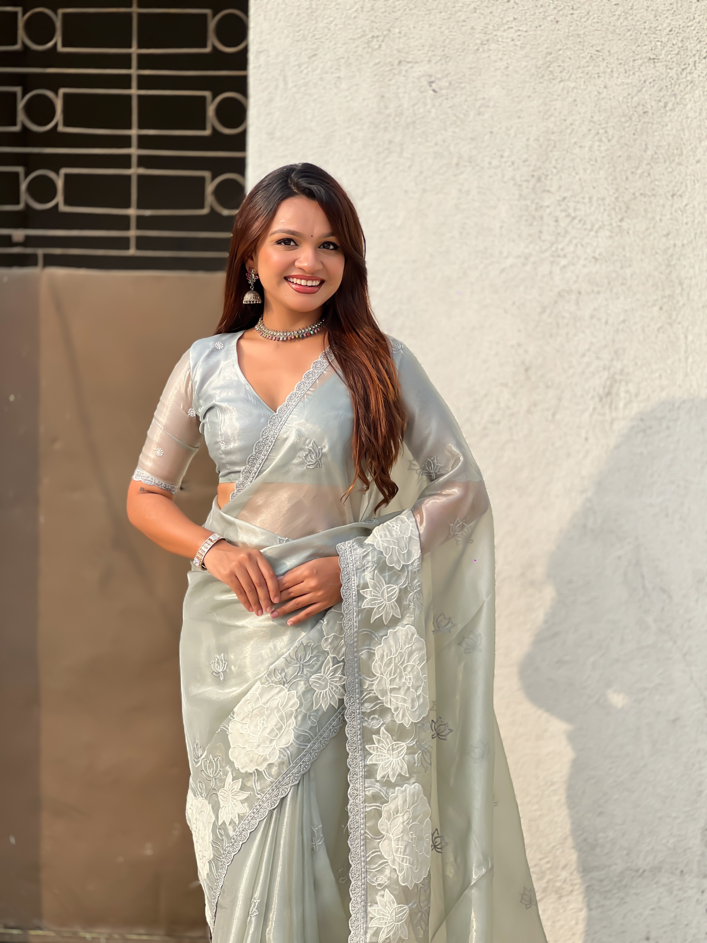 Sky Blue Lotus Embroidery Oris Silk Saree