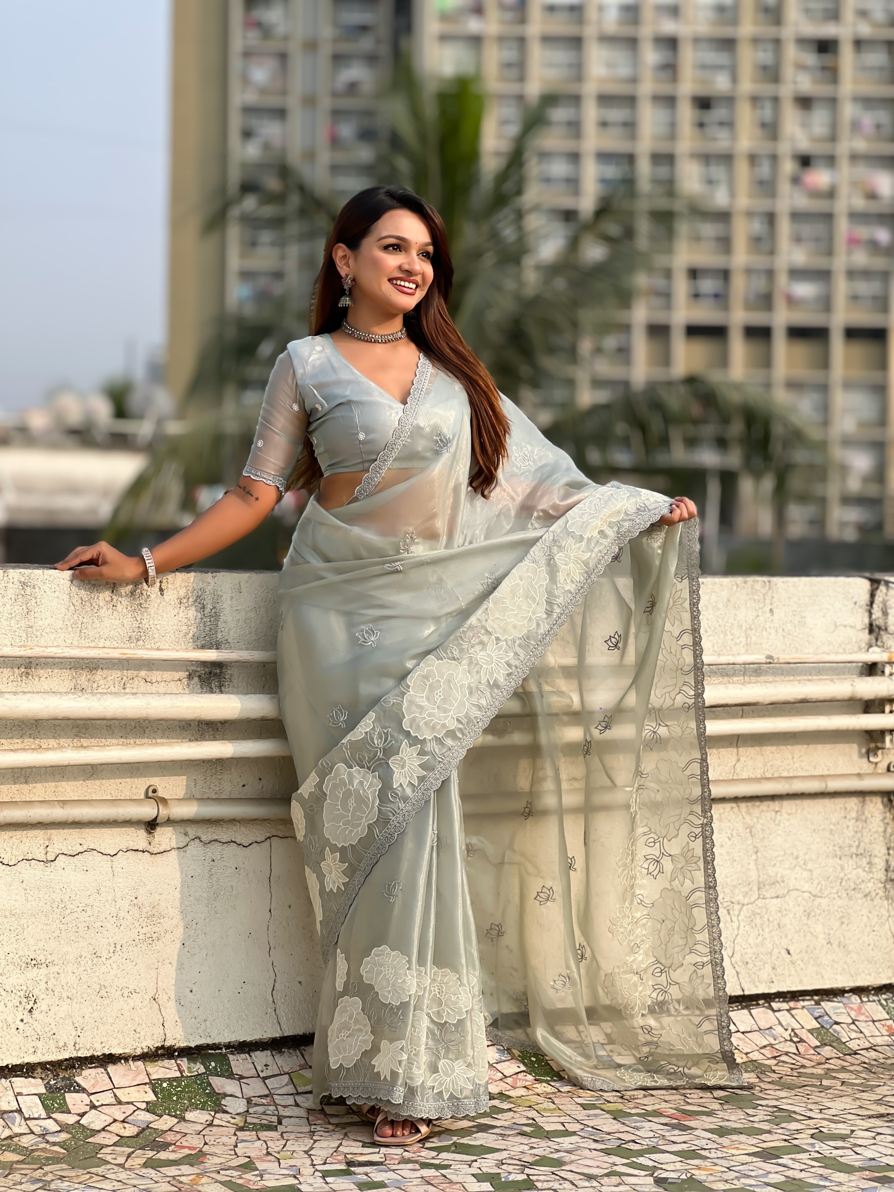 Sky Blue Lotus Embroidery Oris Silk Saree