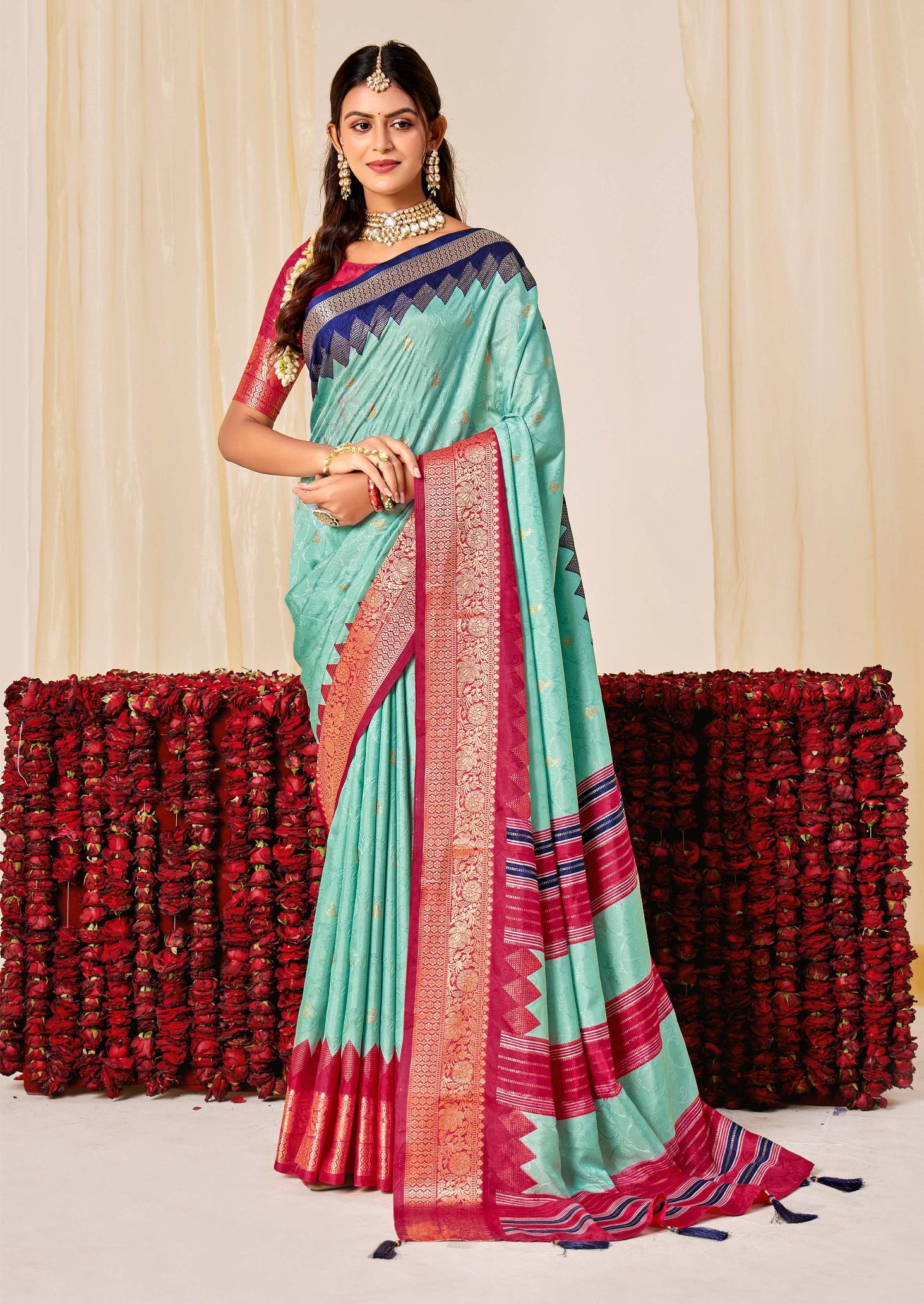 Sky Blue N Pink Velvet Tussar Silk Saree