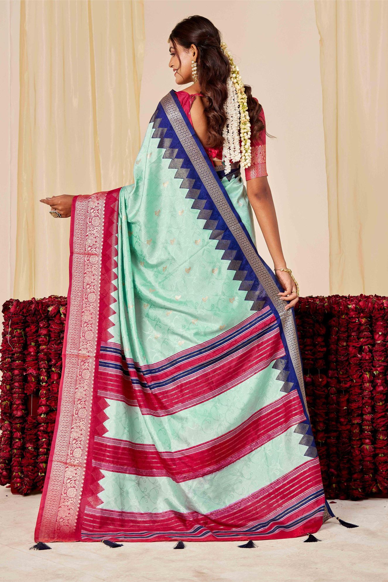 Sky Blue N Pink Velvet Tussar Silk Saree — alternate view